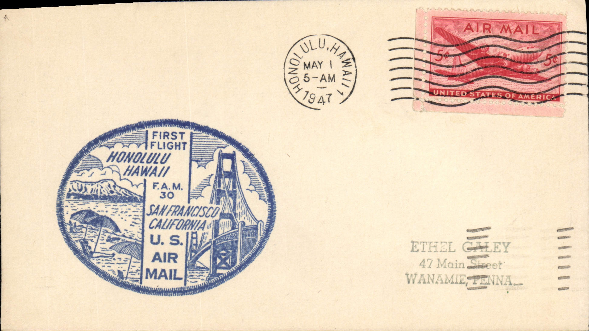 Lettre Etats Unis 1st Flight Honolulu San Francisco 1 5 1947