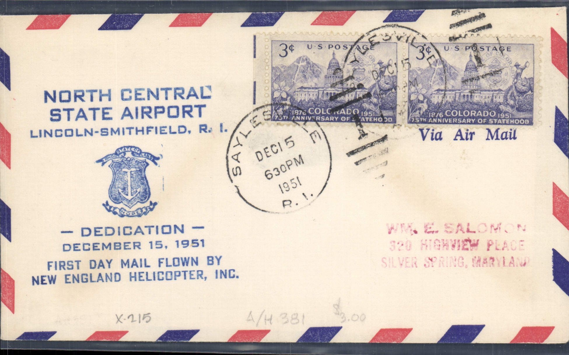 Letter the United States Dedication Lincol Smithfield IH Airport 15 12 1951