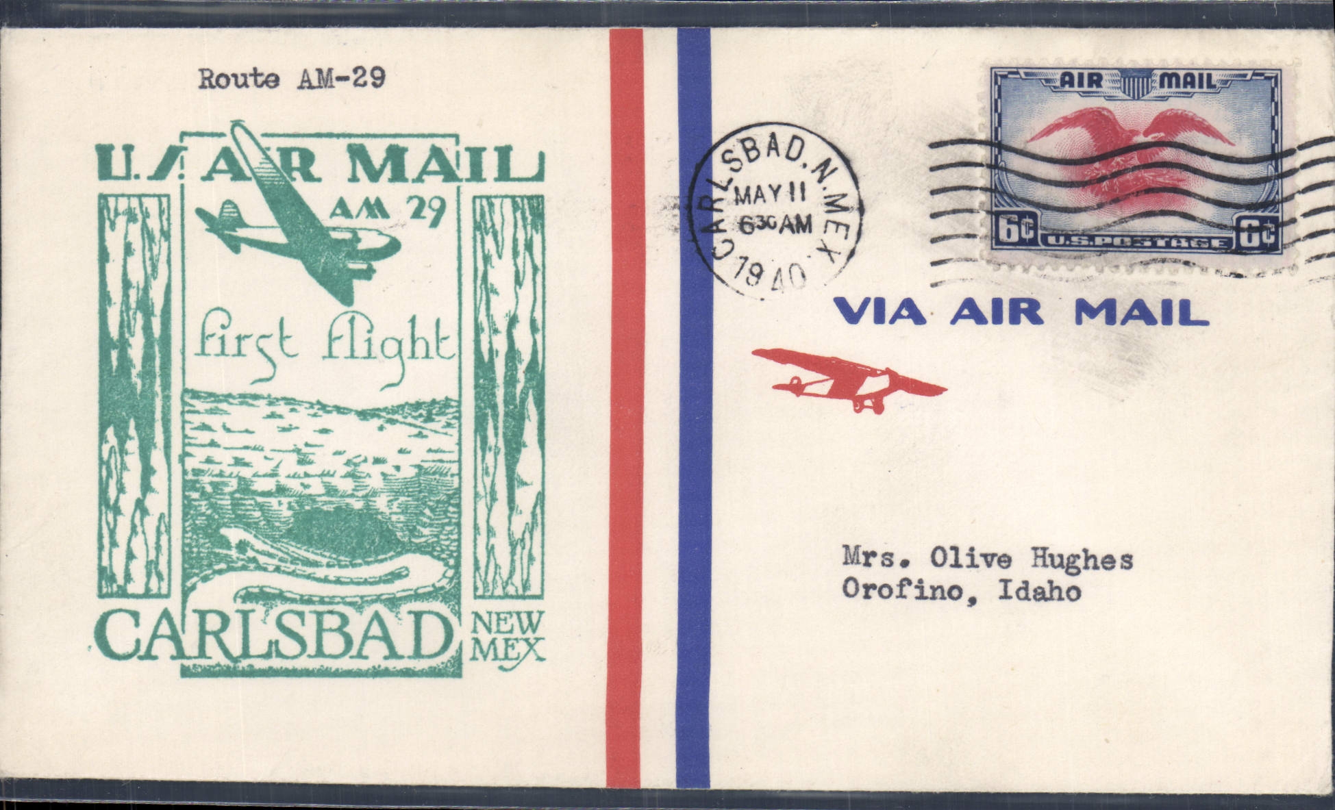 Letter the United States 1st flight Carlsbad to Orofino Idaho 11 5 1940