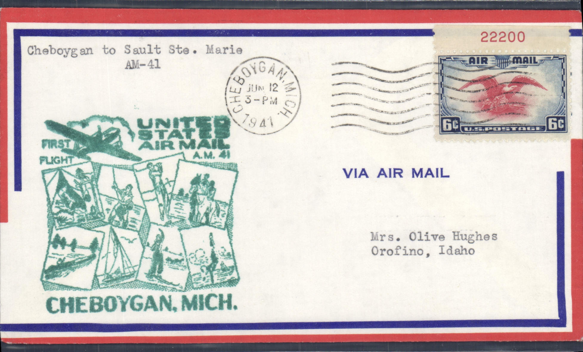 Lettre Etats Unis 1st flight Cheboygan to Sault Ste Marie 12 6 1941