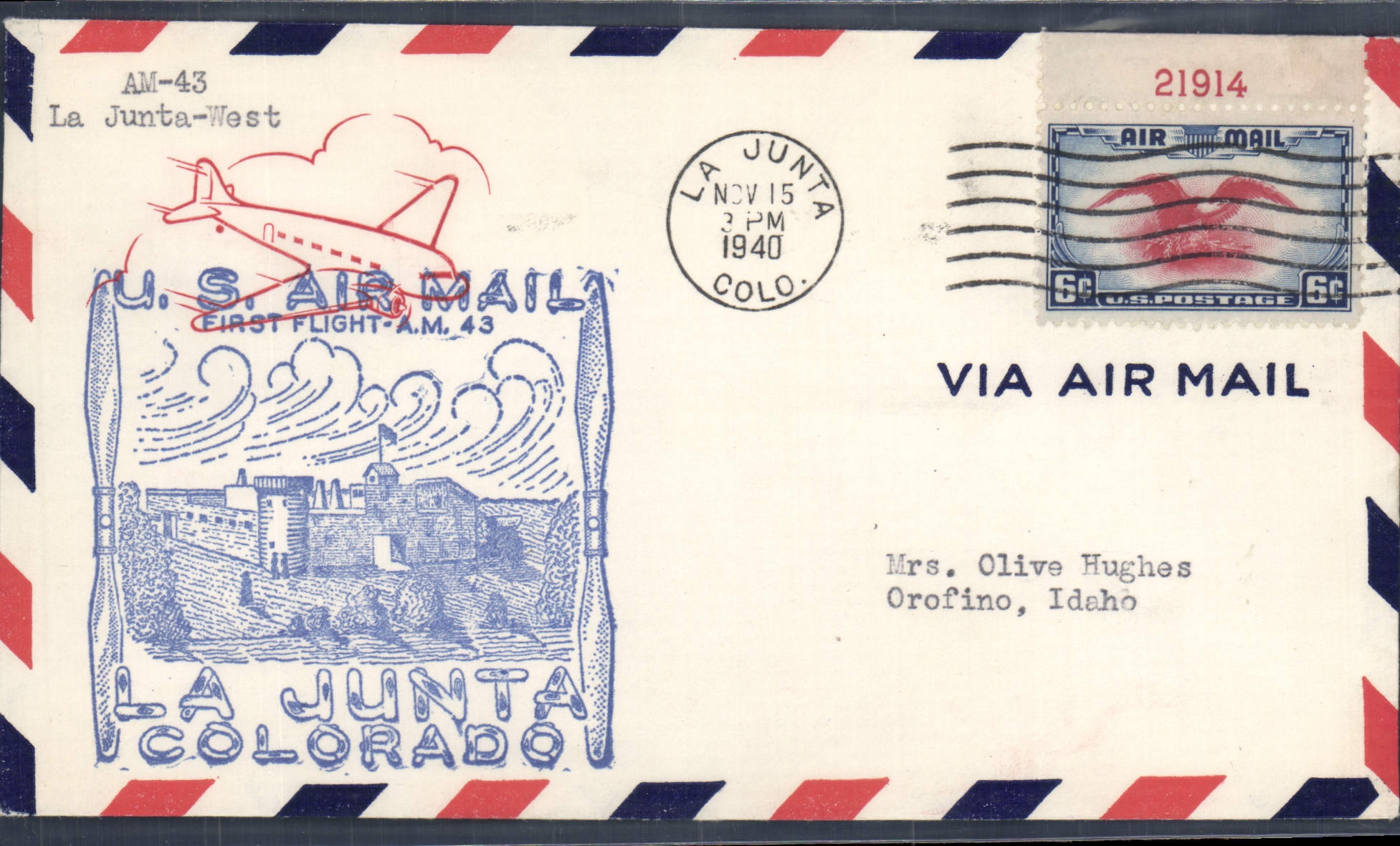 Lettre Etats Unis 1st flight La junta Colorado 15 11 1940