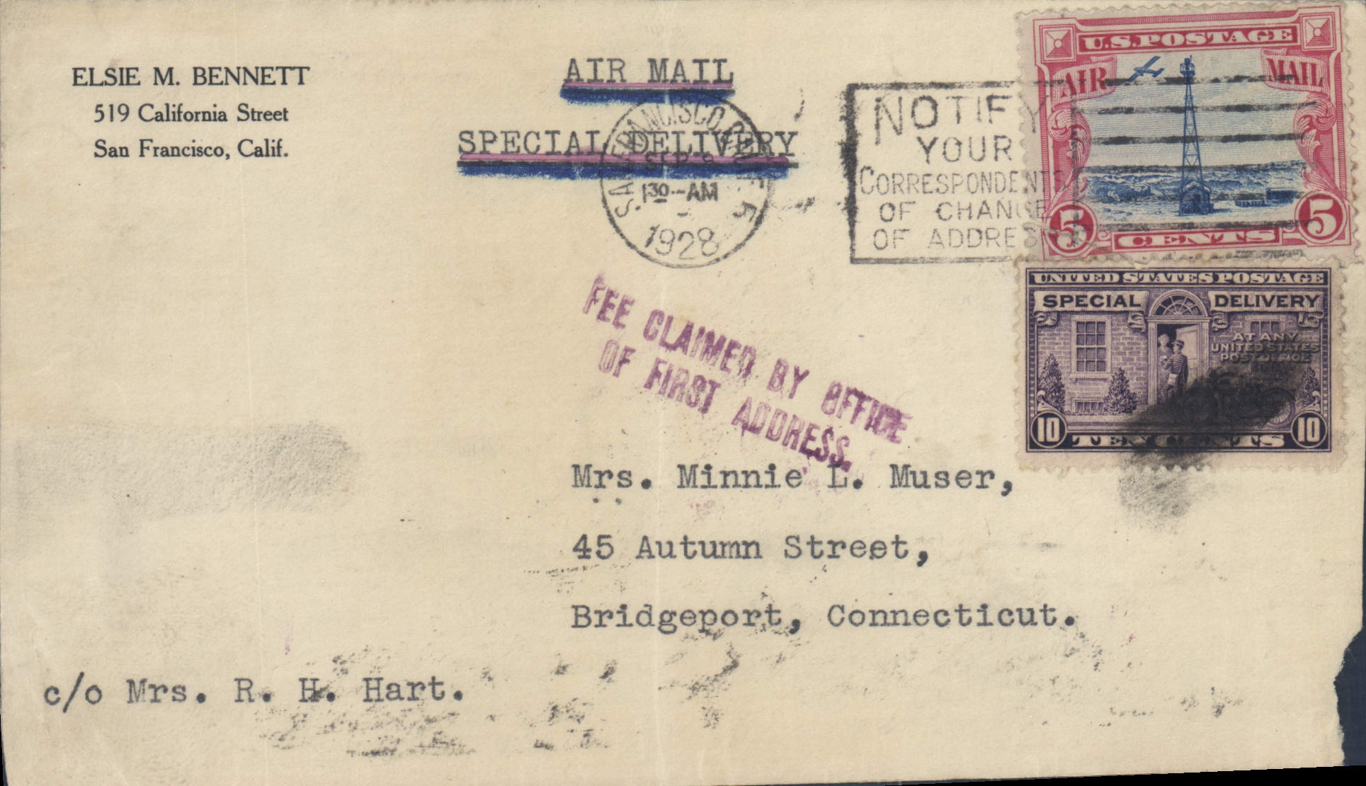 Lettre Etats Unis Flight to Bridgeport Connecticut san Francisco 1928