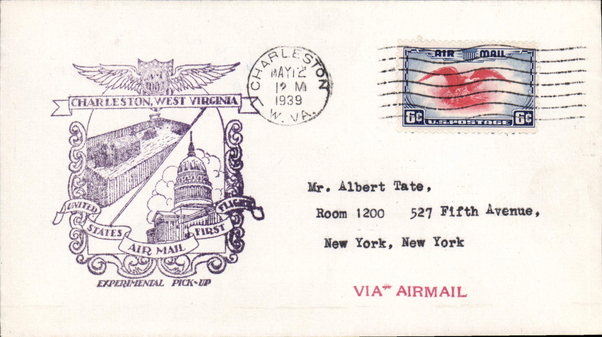 Letter the United States 1st flight Charlestown W Virginia 2 5 1939