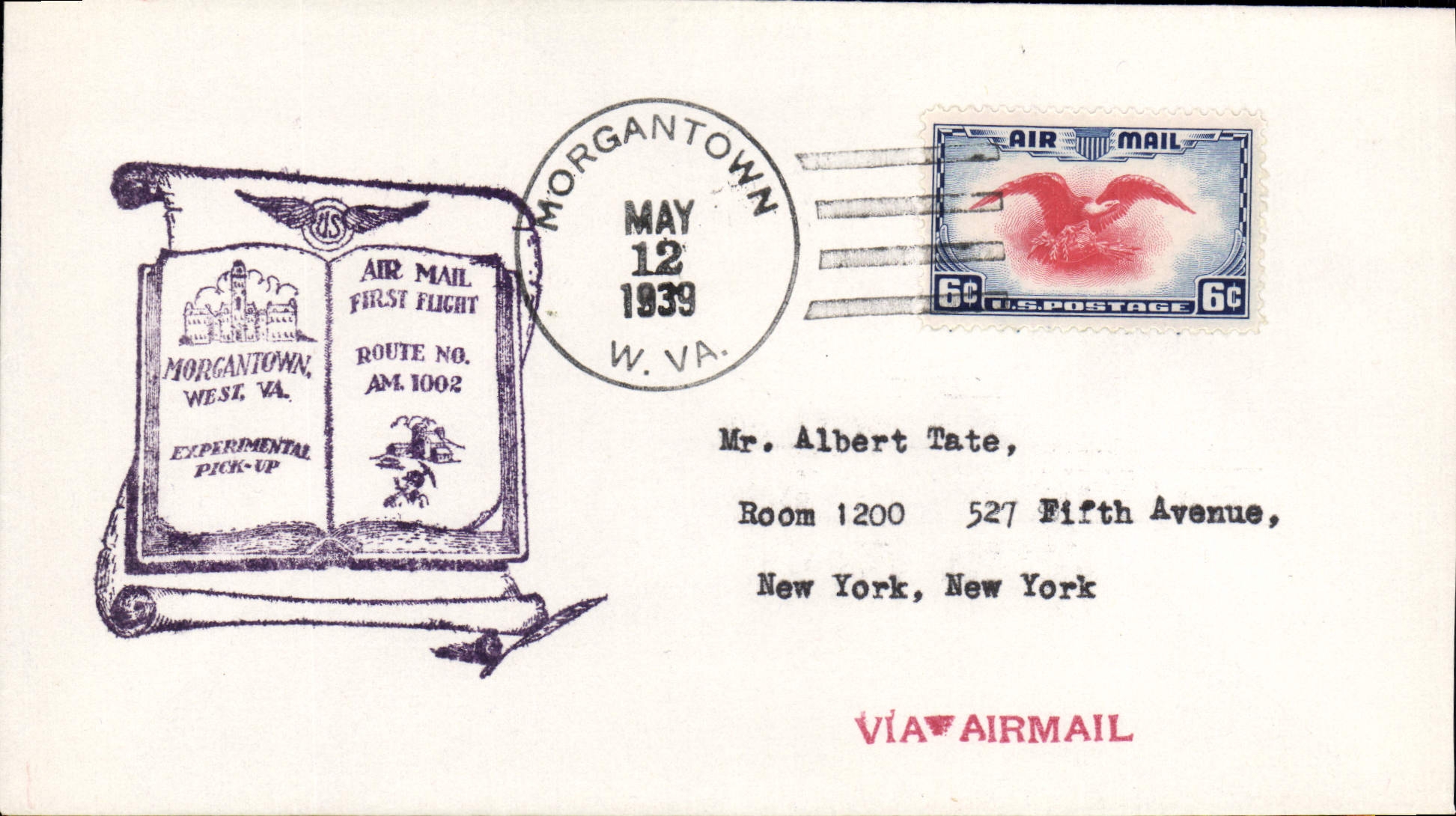 Lettre Etats Unis 1st flight Morgantown 12 5 1939