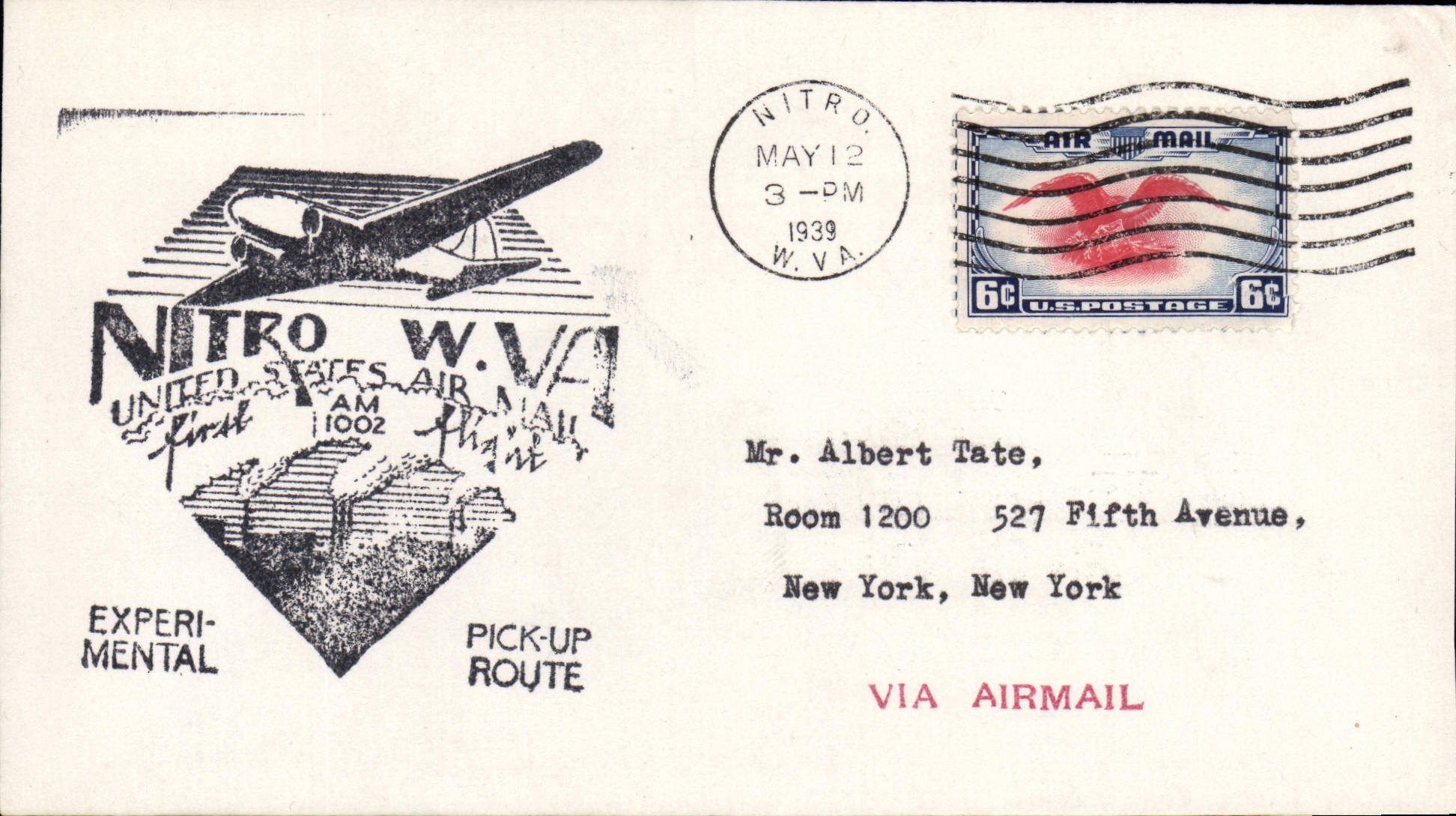 Lettre Etats Unis 1st flight Nitro 12 5 1939