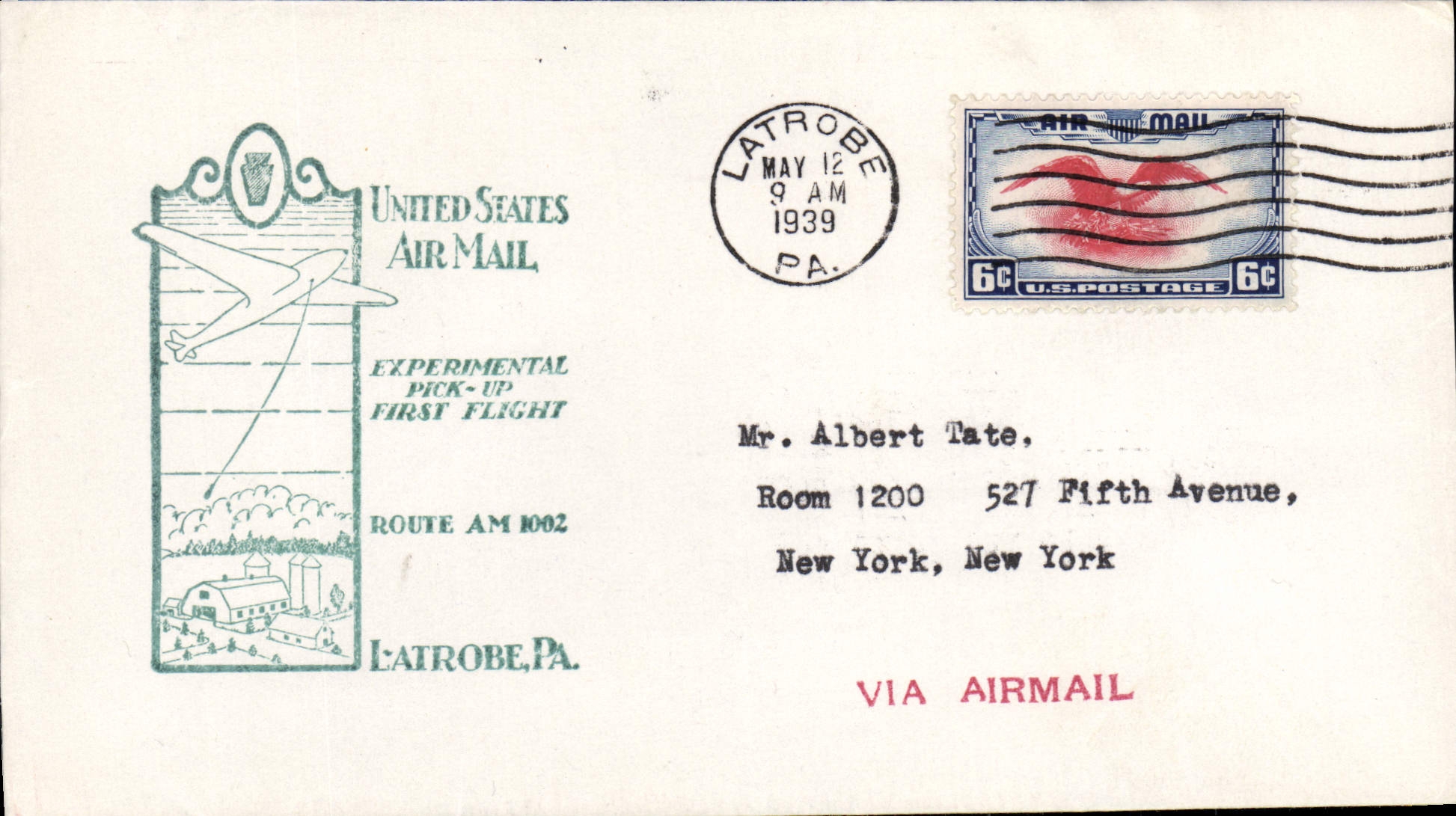 Lettre Etats Unis 1st flight Latrobe 12 5 1939