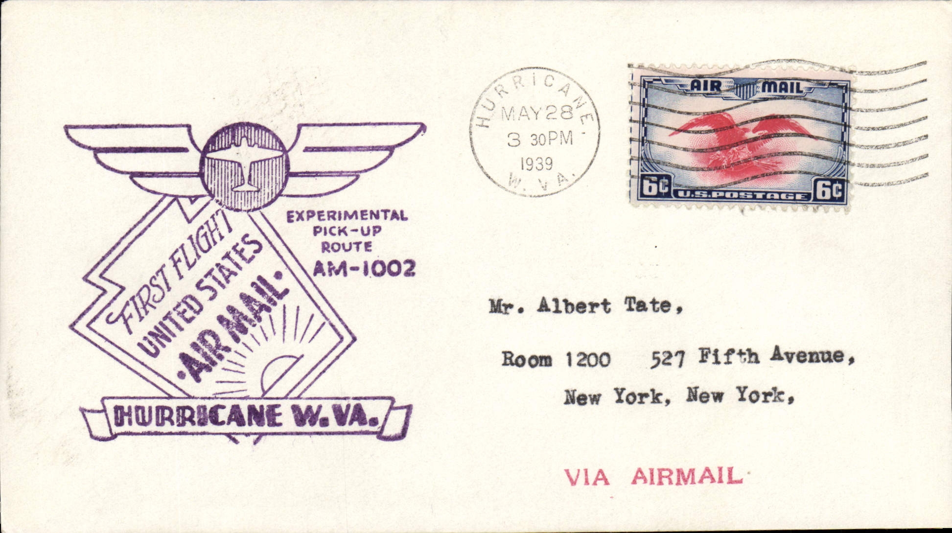Lettre Etats Unis 1st flight Hurricane 28 5 1939