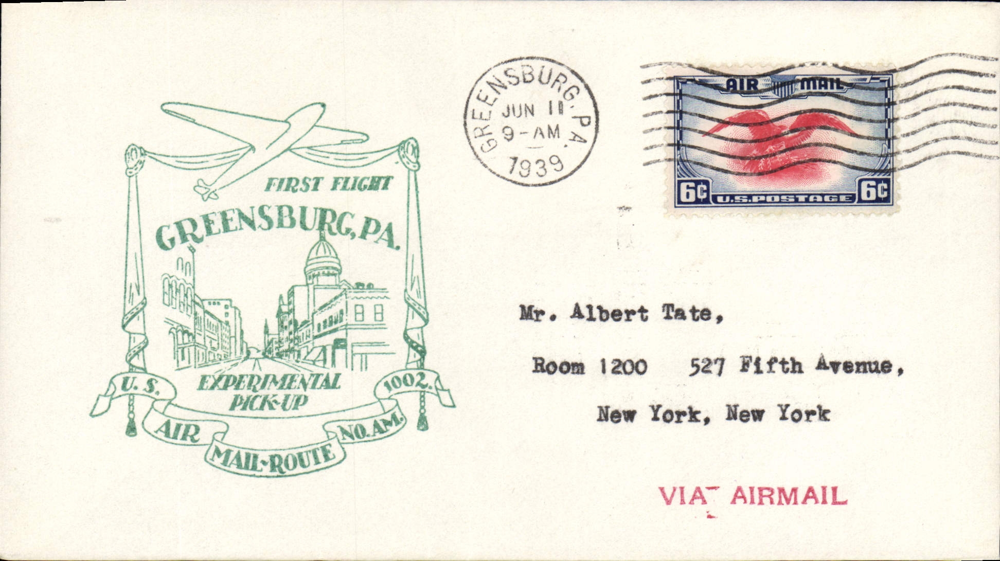 Lettre Etats Unis 1st flight Greensburg 11 6 1939