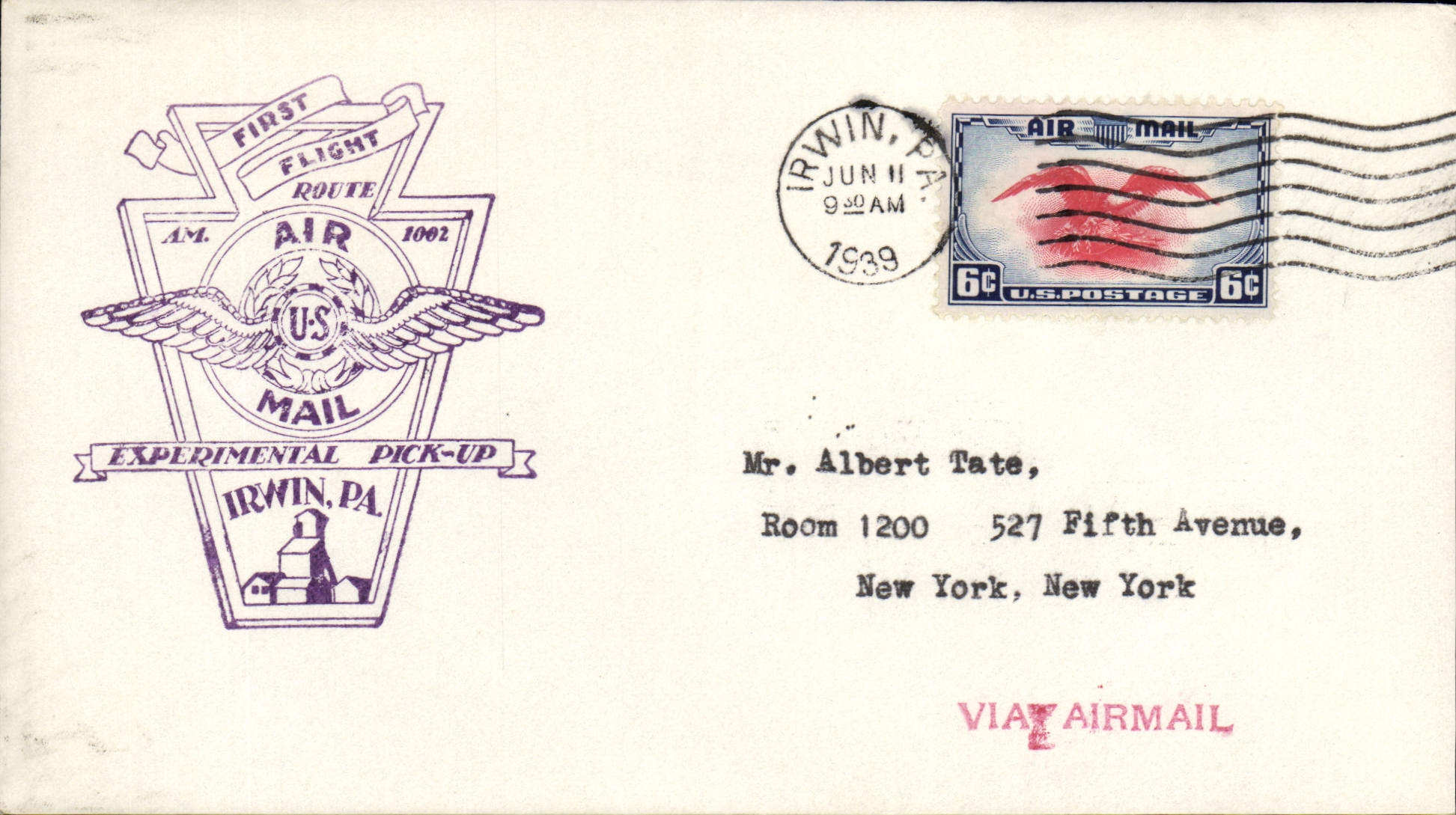Letter the United States 1st Irwin flight 11 6 1939
