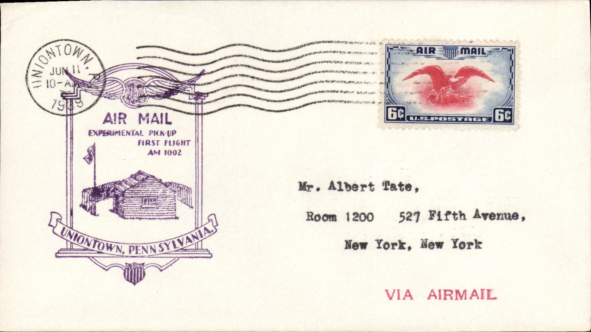 Lettre Etats Unis 1st flight Uniontown 11 6 1939