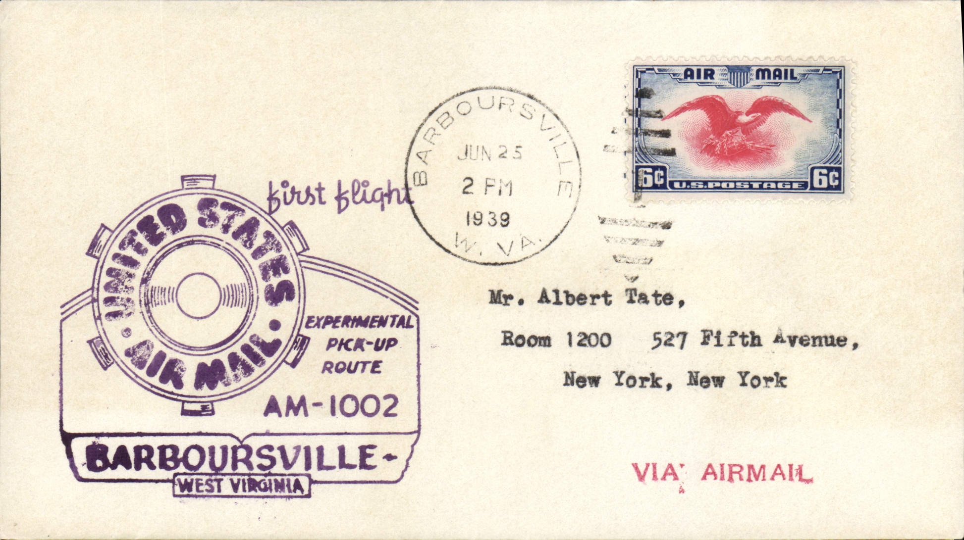 Letter the United States 1st Barboursville flight 25 6 1939