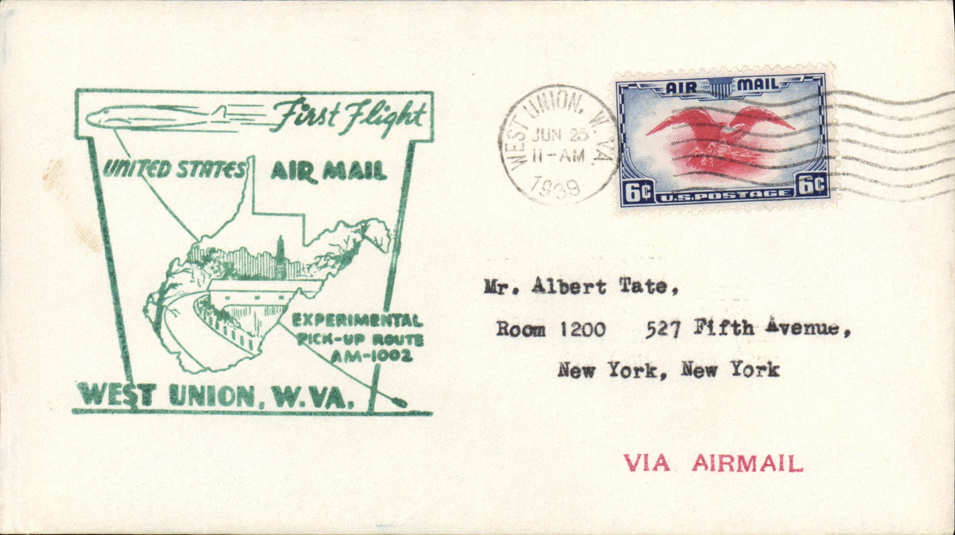 Lettre Etats Unis 1st flight West Union 25 6 1939