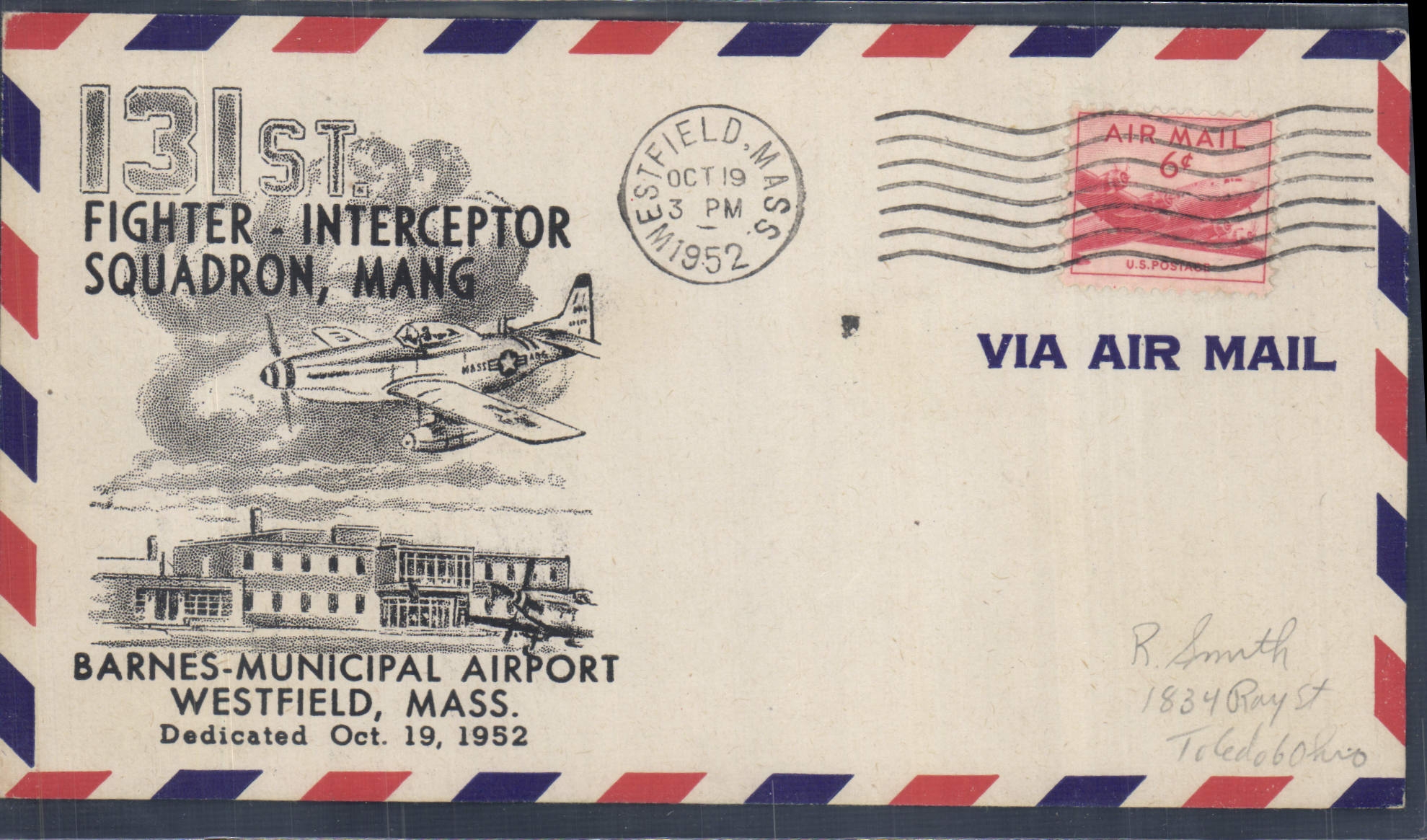 Lettre Etats Unis 131st Fighter Squadron Mang Barnes Municipal Airport Westfield Mass 19 10 1952