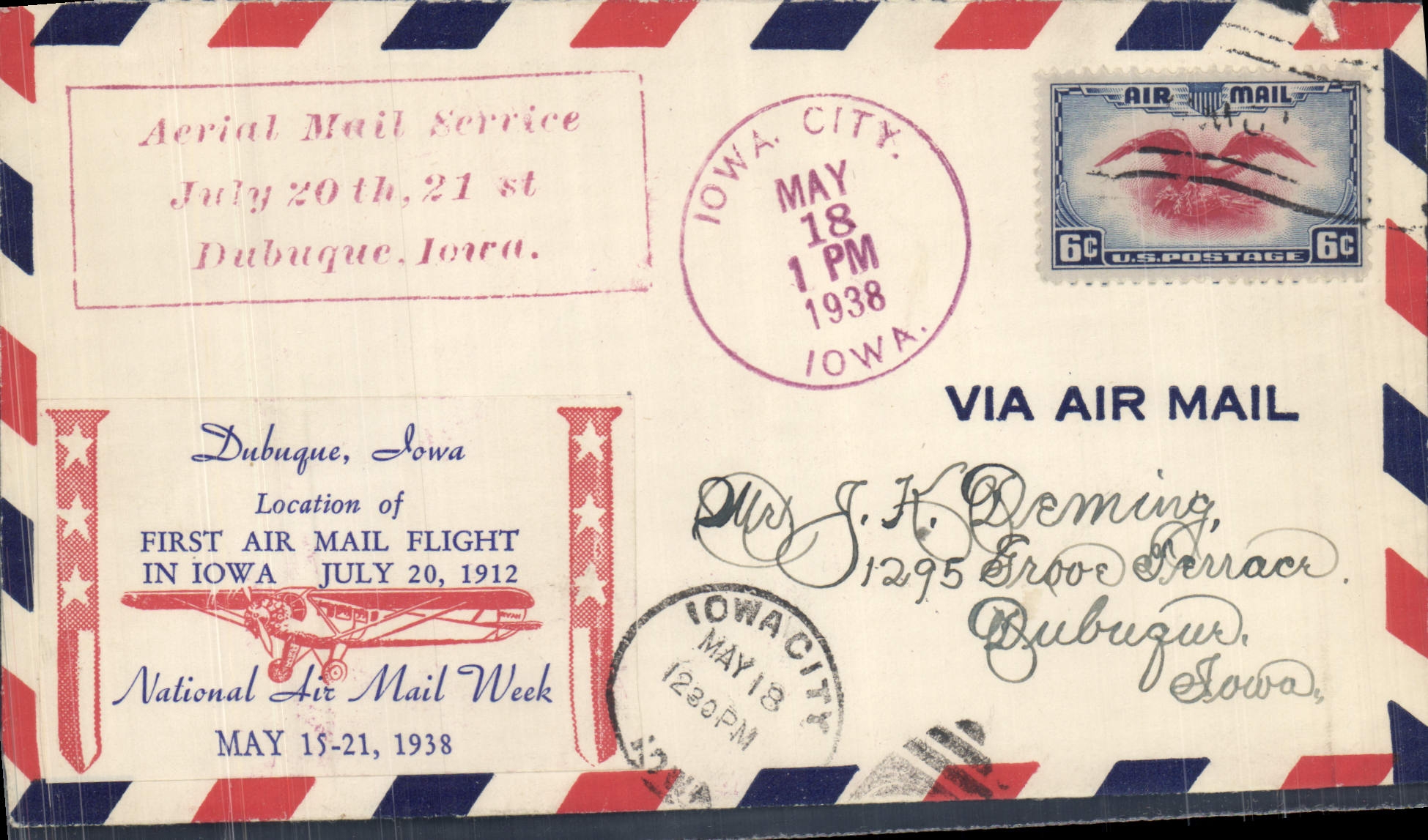 Letter the United States Air Email Service Dubuque Iowa 18 5 1938