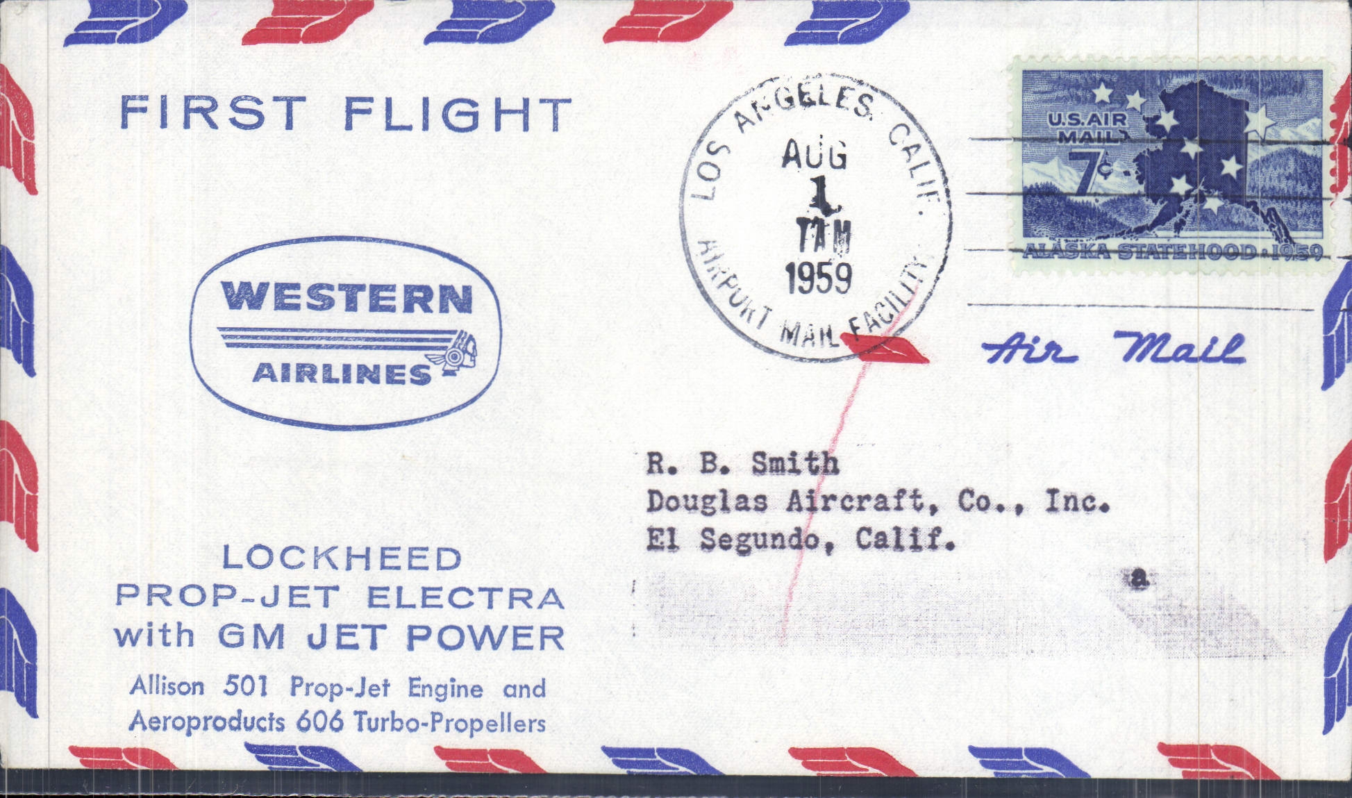 Lettre Etats Unis 1st Flight Lockeed Jet Electra GM Jet power ppur El Segundo Cal 1 8 1959