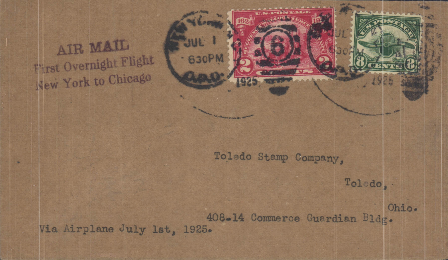 Letter the United States 1st Flight Overnight New York Chicago 1 7 1925