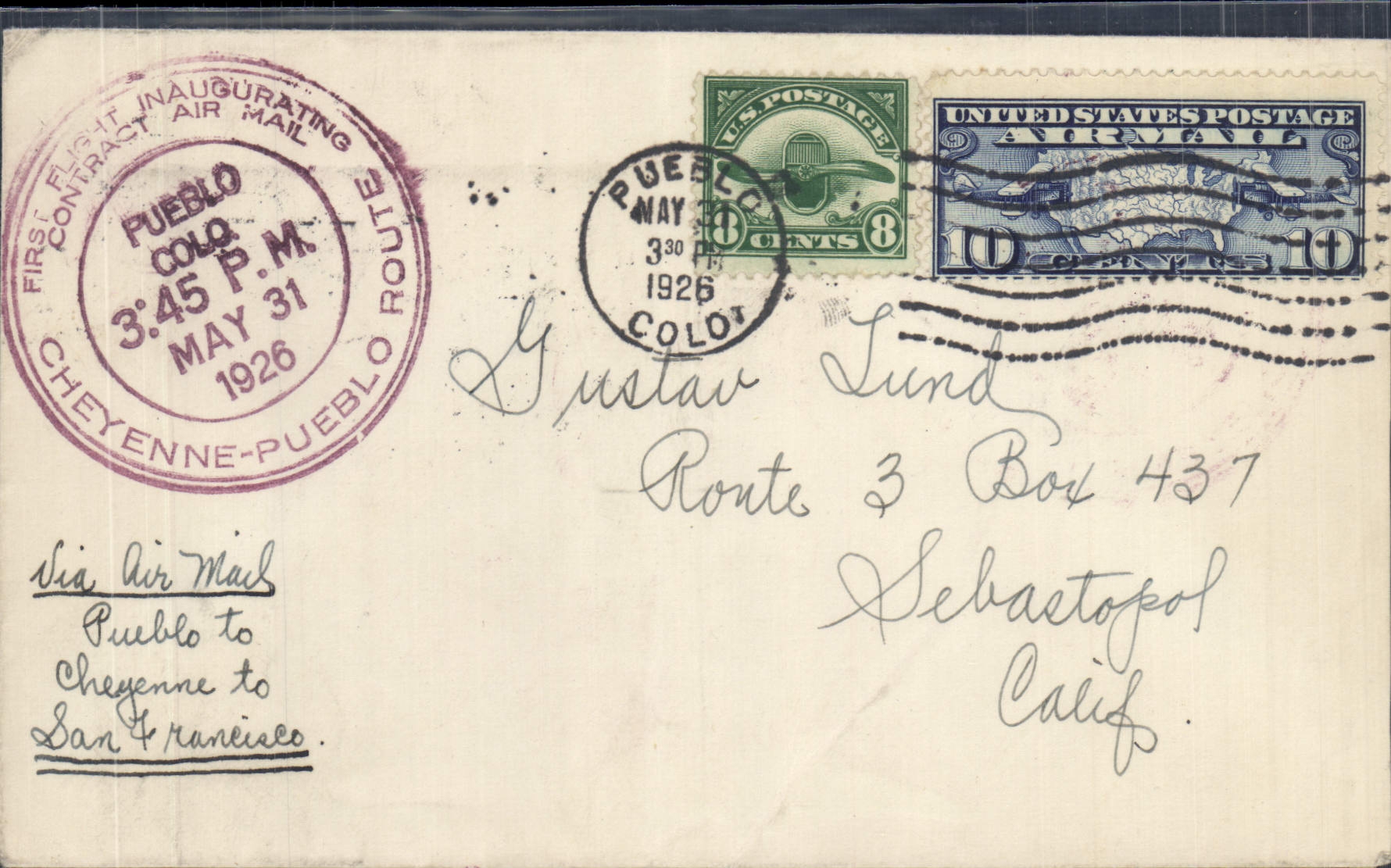 Lettre Etats Unis 1st Flight Cheyenne Pueblo 31 5 1926