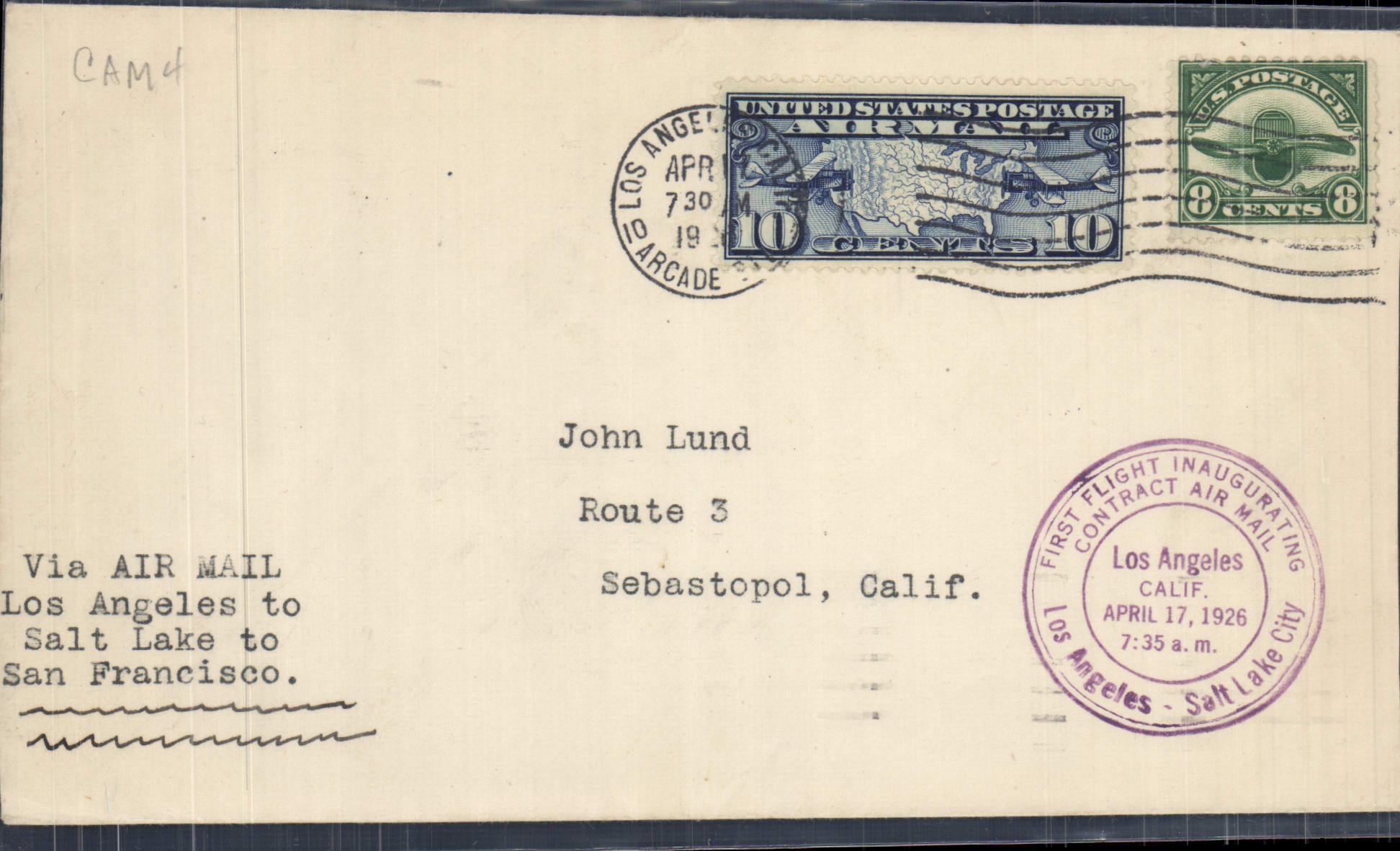 Lettre Etats Unis 1st Flight Los Angeles salt Lake City 17 4 1926
