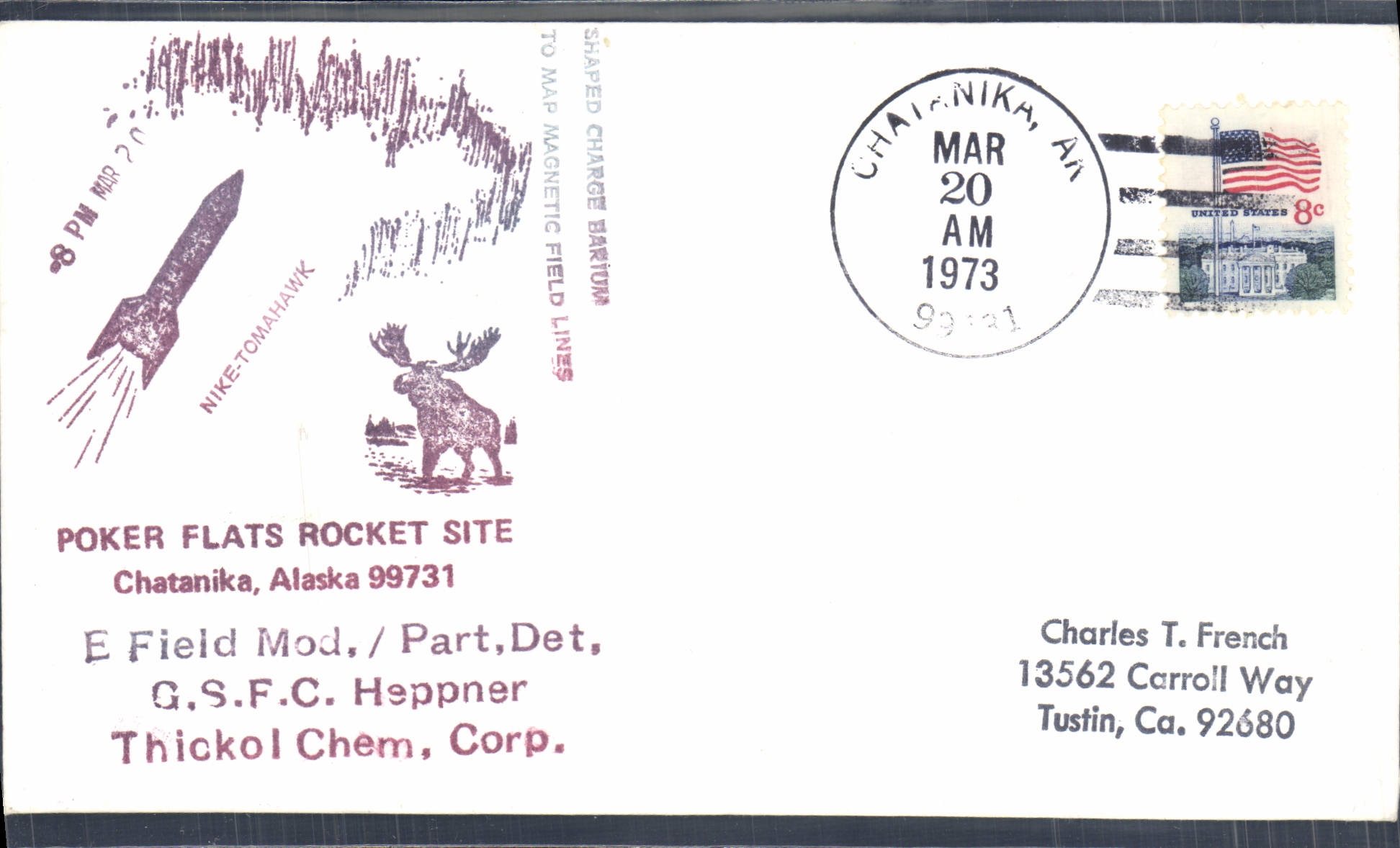Letter the United States Poker Flats Rocket Site Chatanika Alaska 20 3 1973