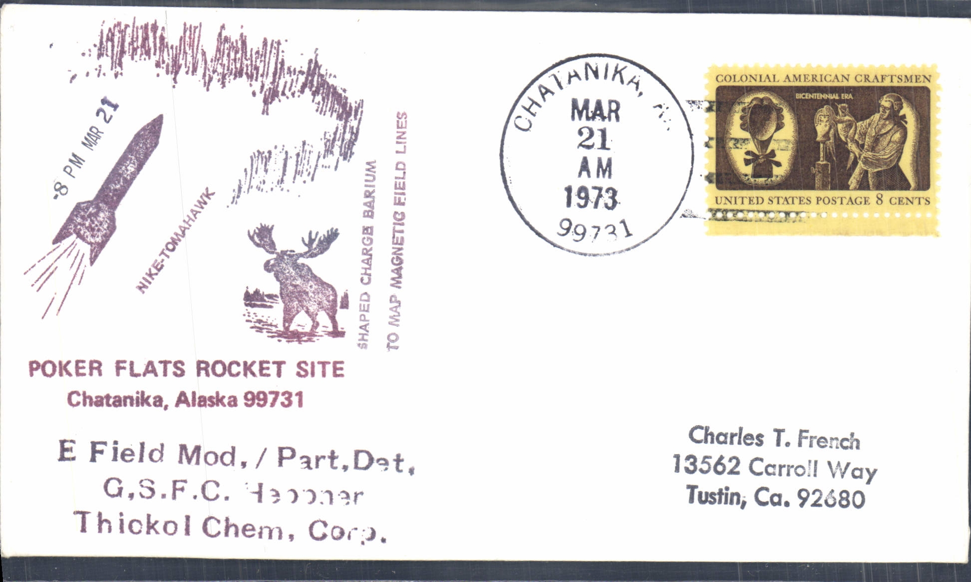 Lettre Etats Unis Poker Flats Rocket Site Chatanika Alaska 21 3 1973
