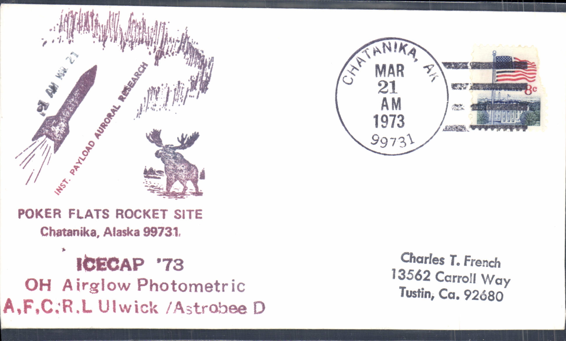 Lettre Etats Unis Poker Flats Rocket Site Chatanika Alaska 21 3 1973