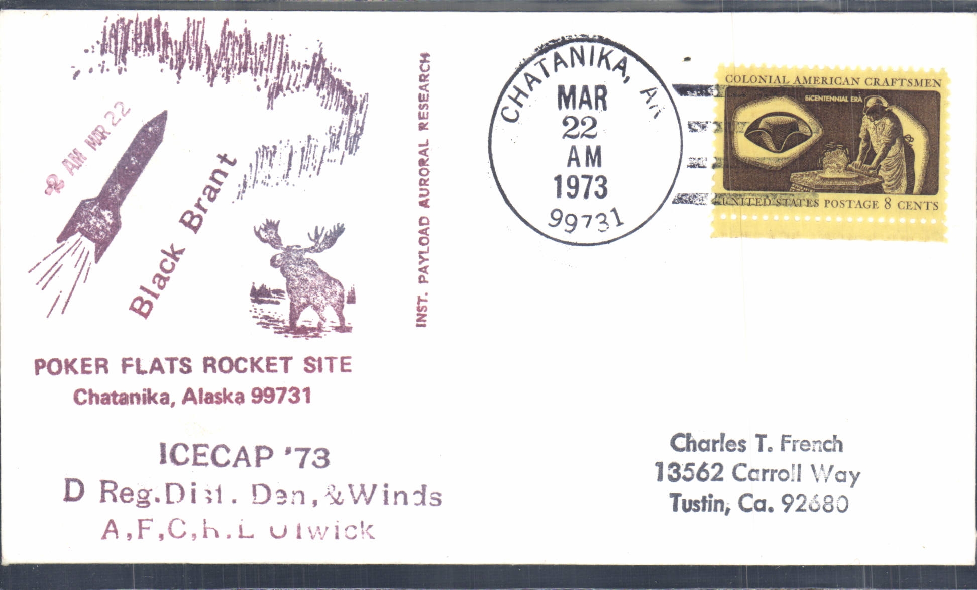 Lettre Etats Unis Poker Flats Rocket Site Chatanika Alaska 22 3 1973