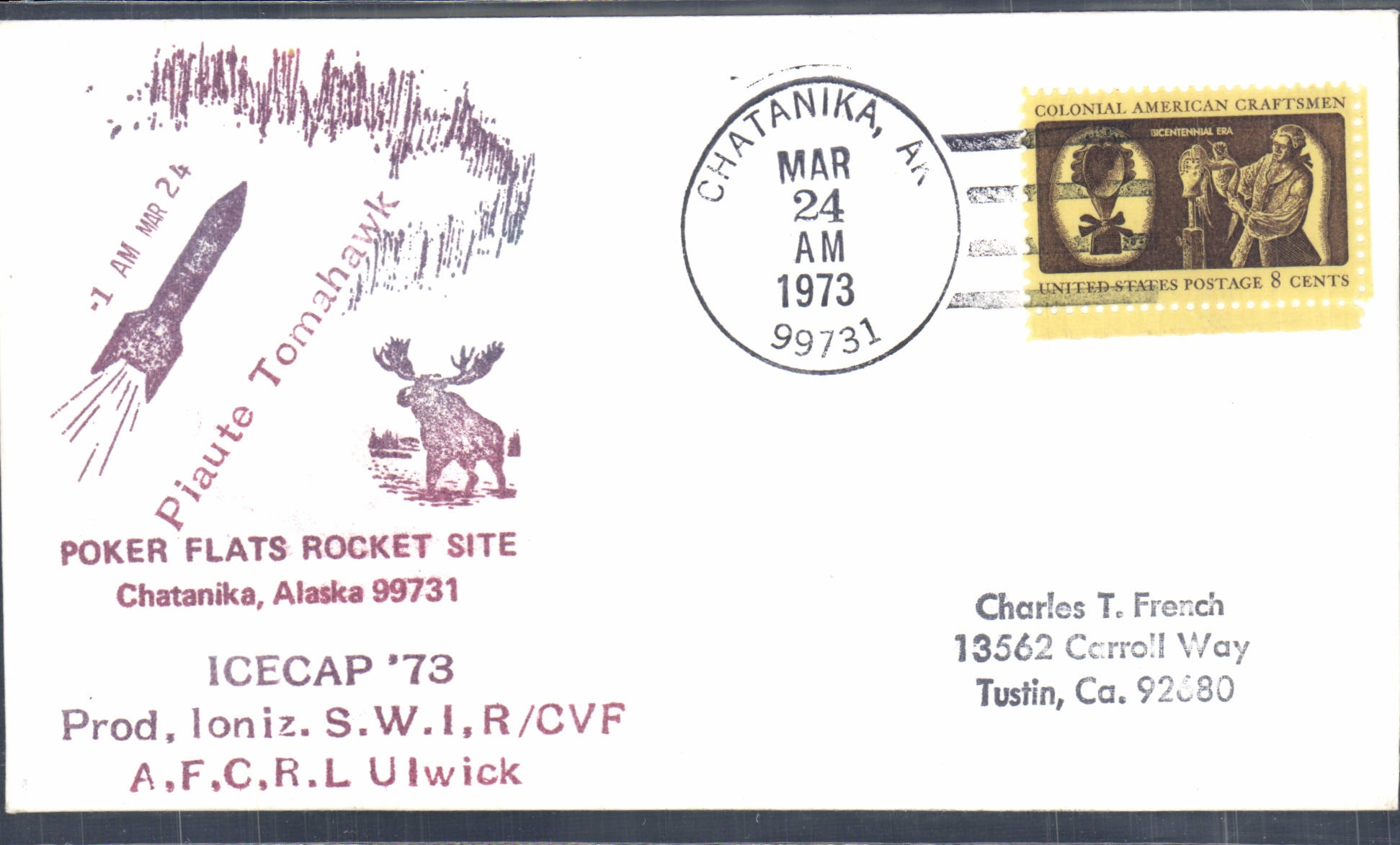 Lettre Etats Unis Poker Flats Rocket Site Chatanika Alaska 24 3 1973