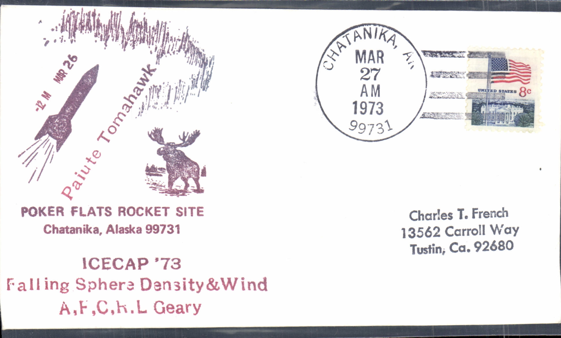 Lettre Etats Unis Poker Flats Rocket Site Chatanika Alaska 27 3 1973