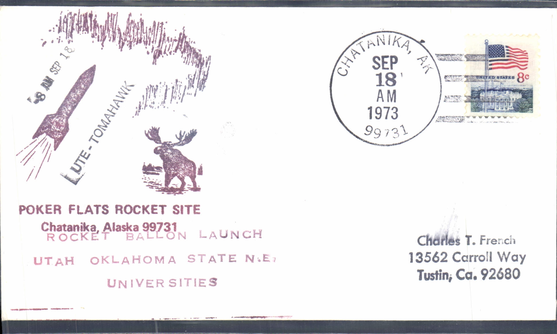 Lettre Etats Unis Poker Flats Rocket Site Chatanika Alaska 18 9 1973