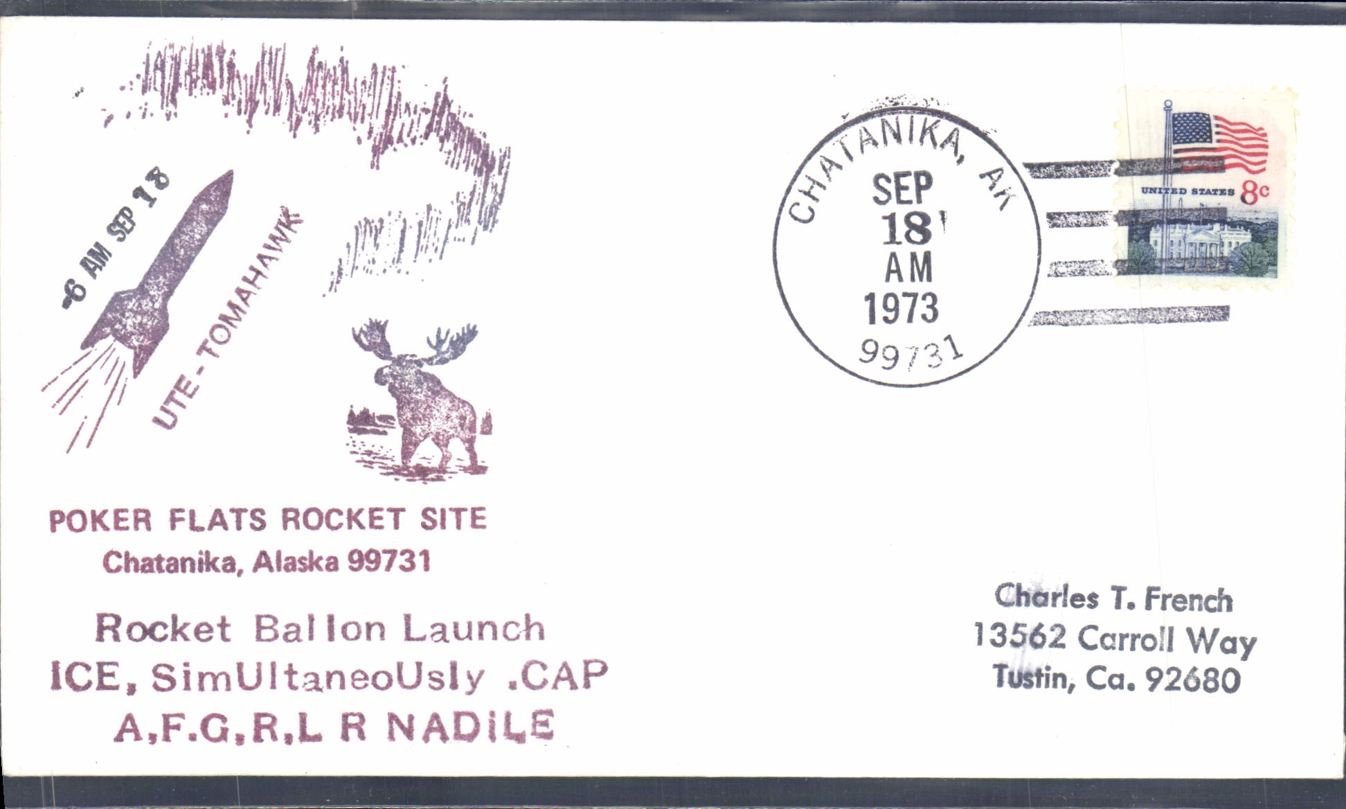 Lettre Etats Unis Poker Flats Rocket Site Chatanika Alaska 18 9 1973