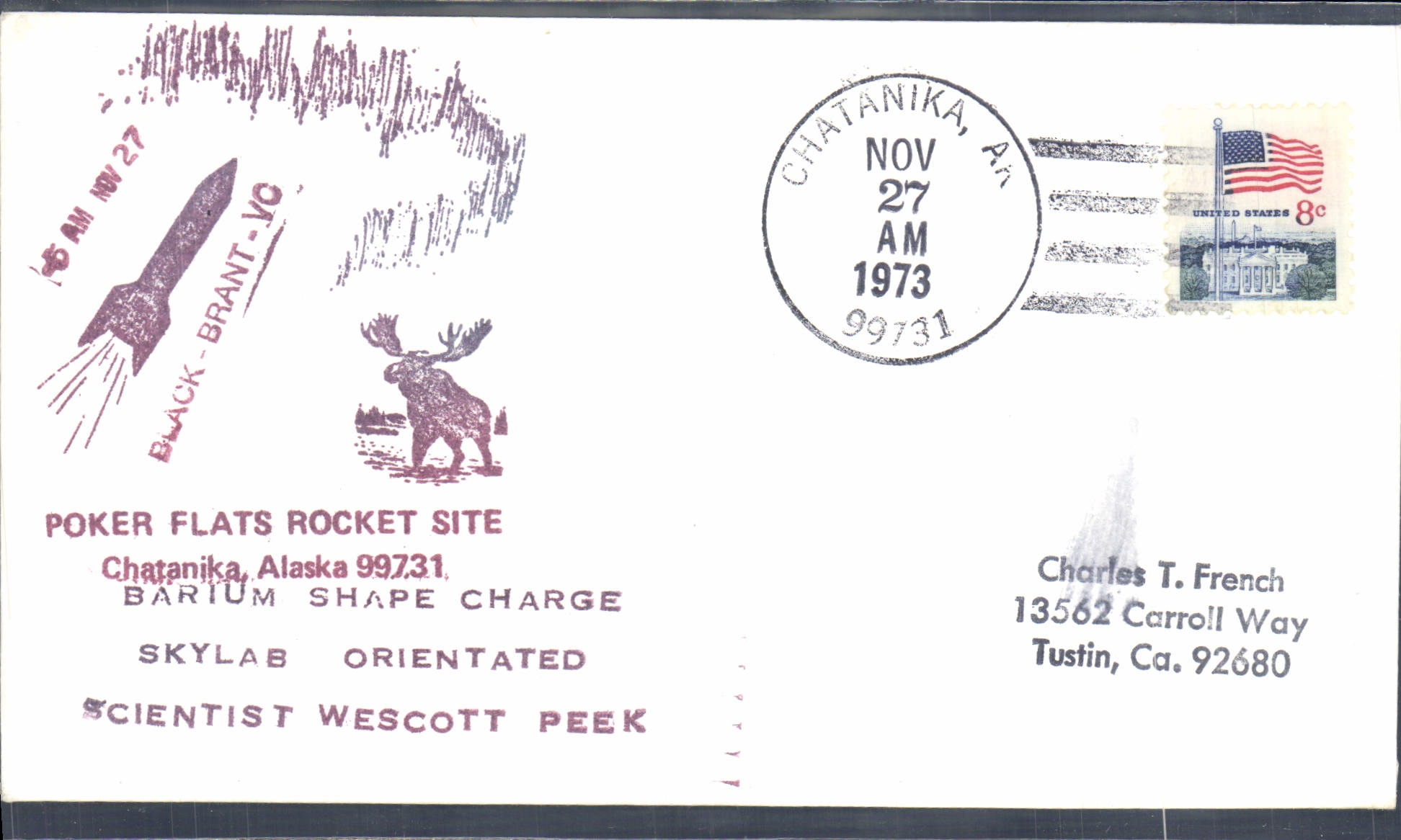 Letter the United States Poker Flats Rocket Site Chatanika Alaska 27 11 1973
