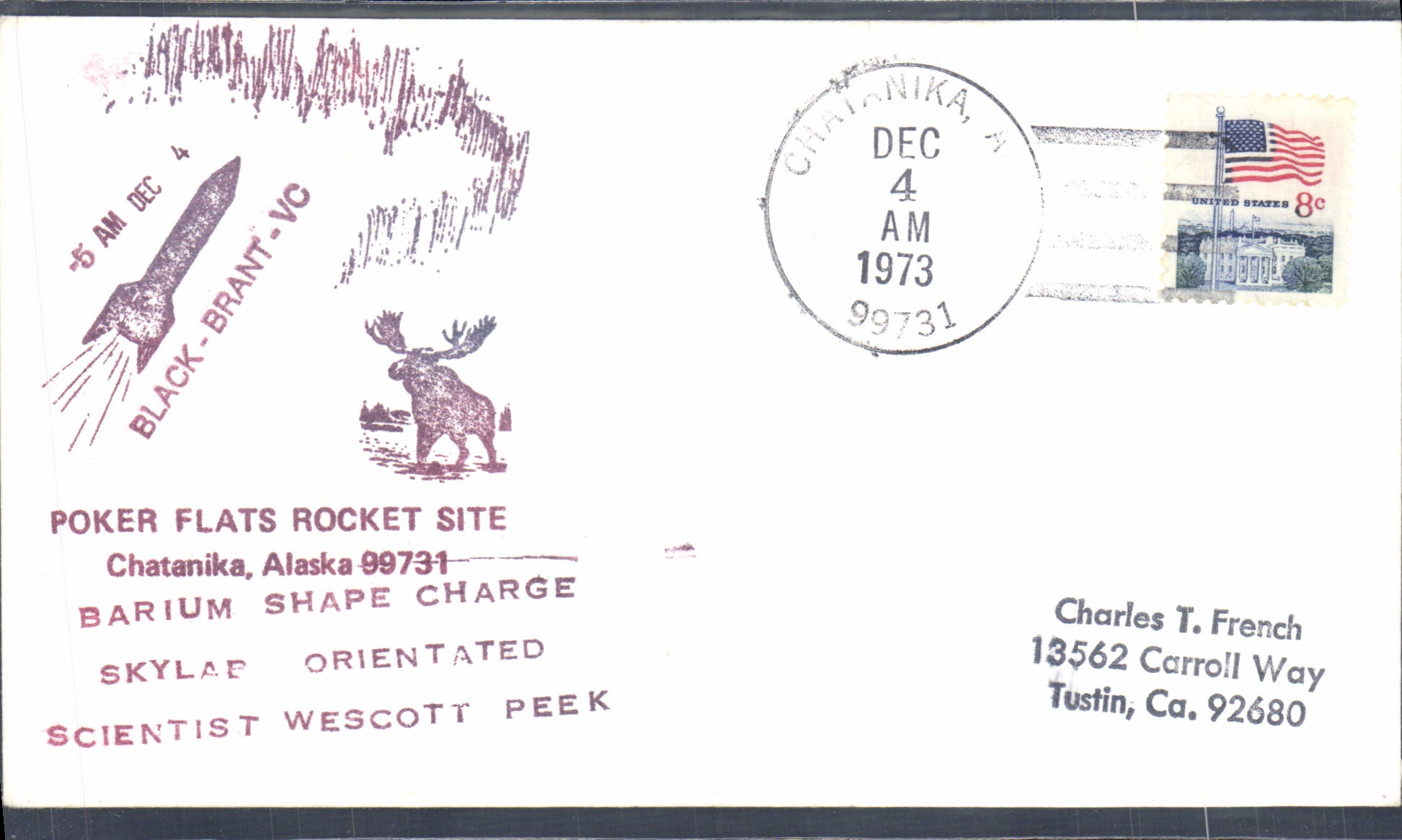 Lettre Etats Unis Poker Flats Rocket Site Chatanika Alaska 4 12 1973