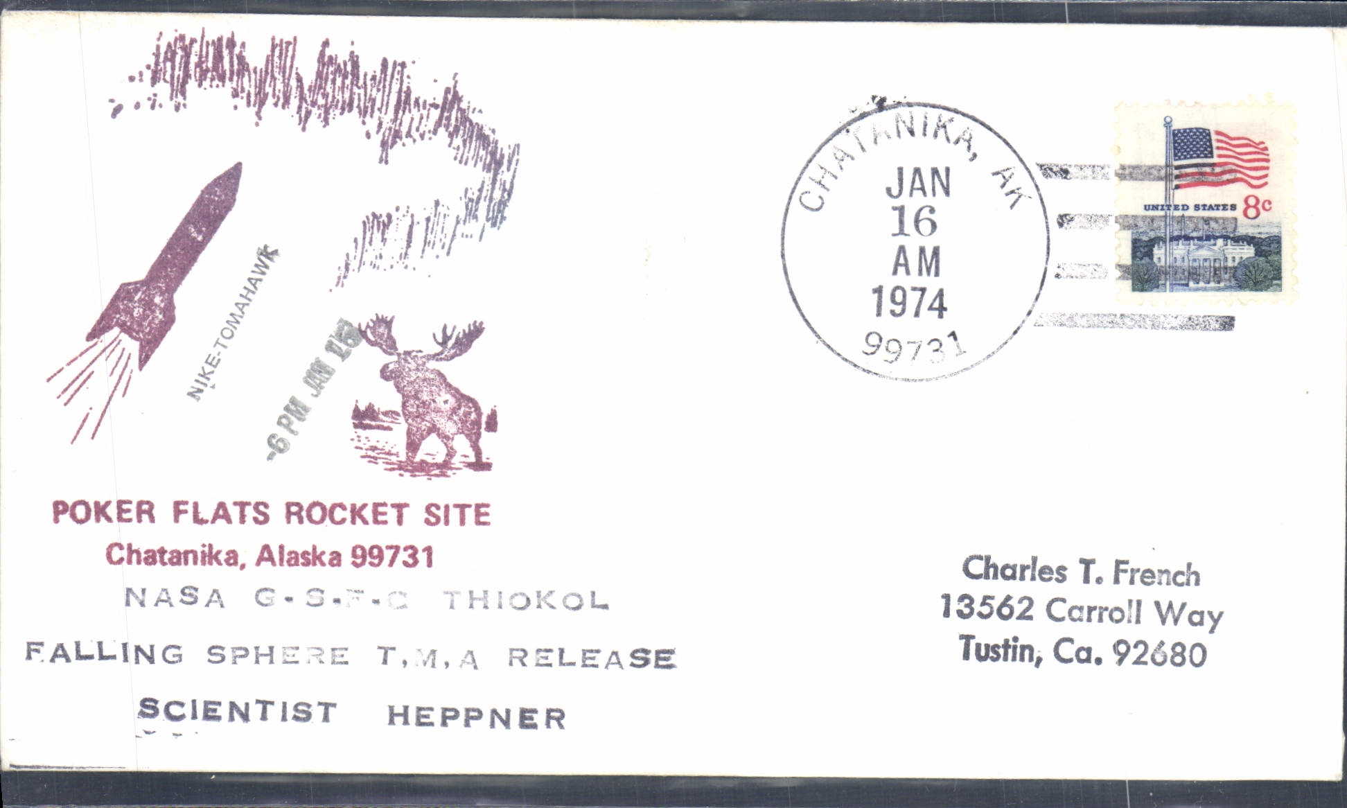 Letter the United States Poker Flats Rocket Site Chatanika Alaska 16 1 1974
