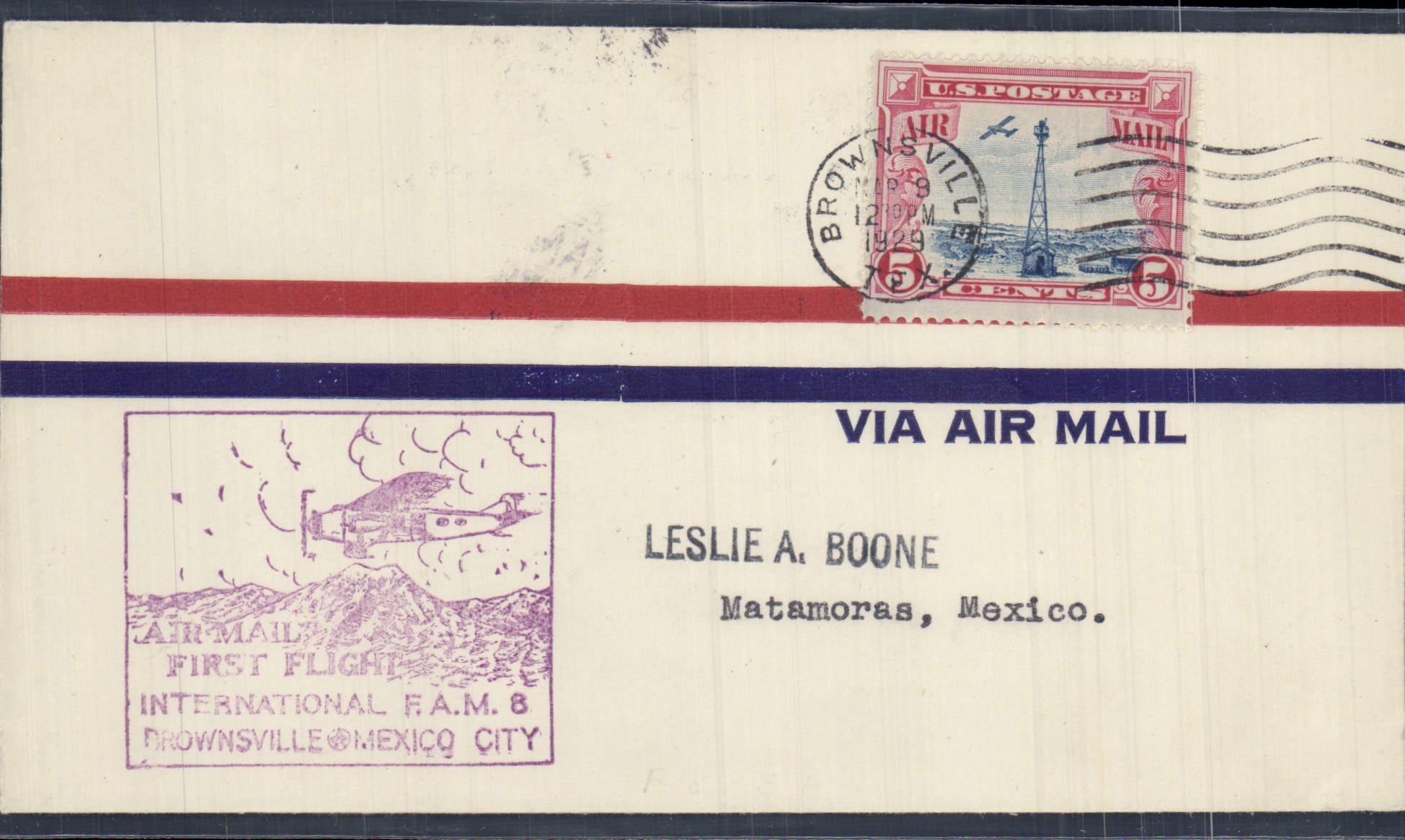 Lettre Etats Unis 1st Flight Brownsville Mexico 9 3 1929