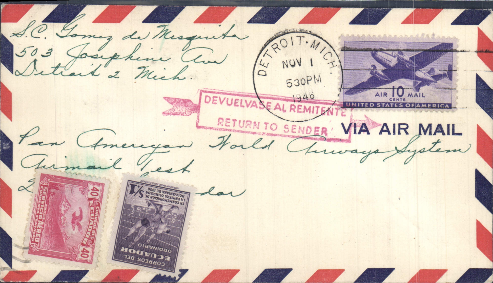 Lettre Etats Unis Flight Detroit Equateur 1 11 1946
