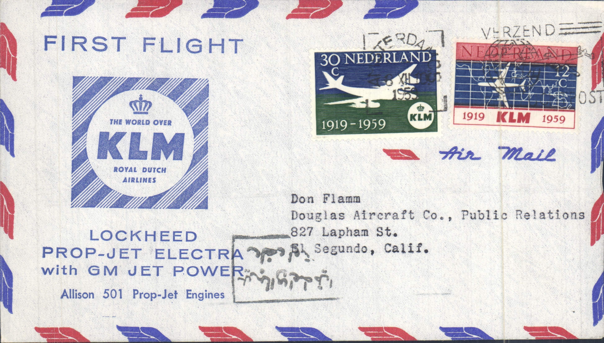 Letter the United States 1st Flight Lockheed m. Jet Electra GM Jet Power the Netherlands El Segundo 9 12 1959