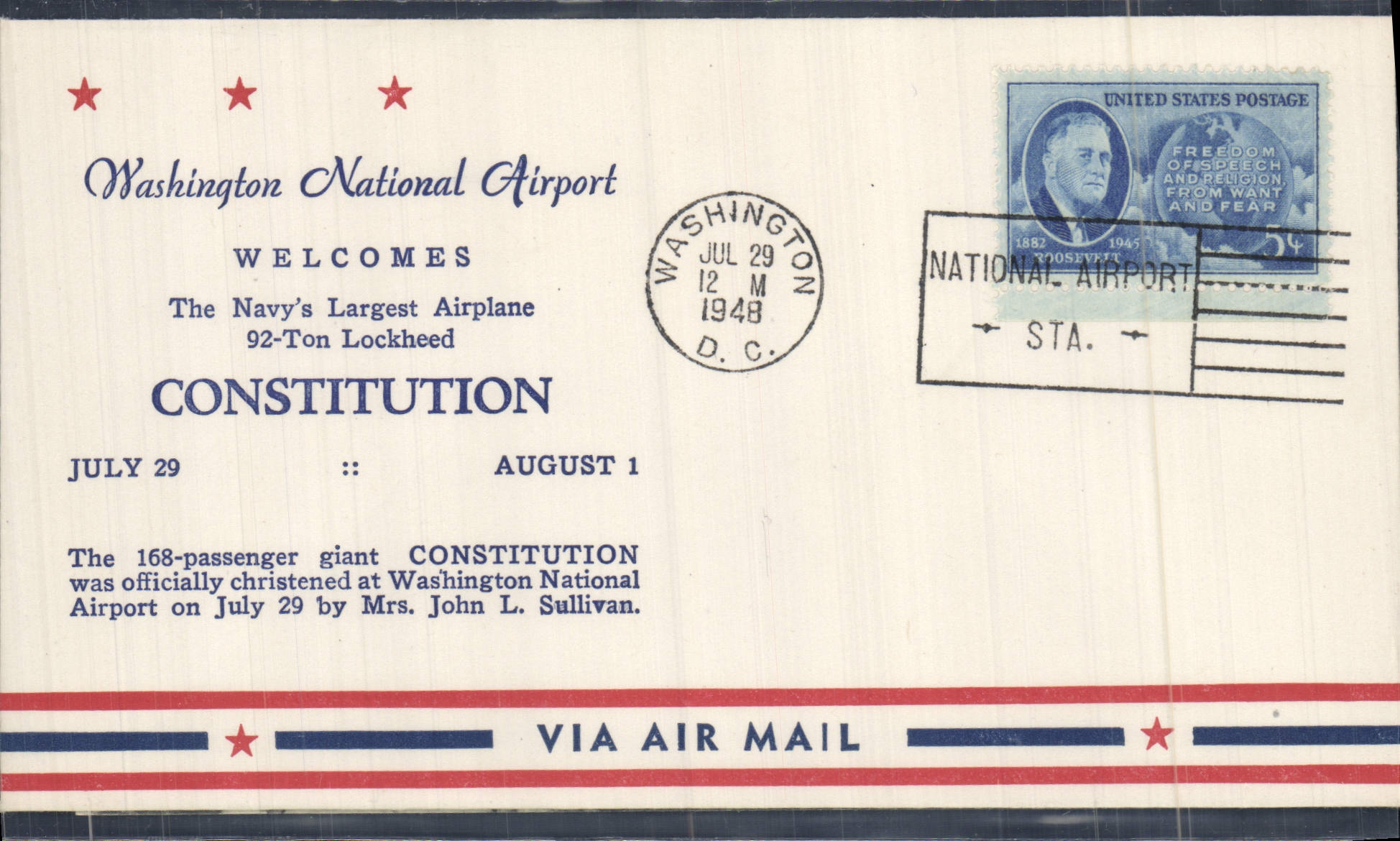 Lettre Etats Unis Washington National Airport Constituttion 29 7 1948