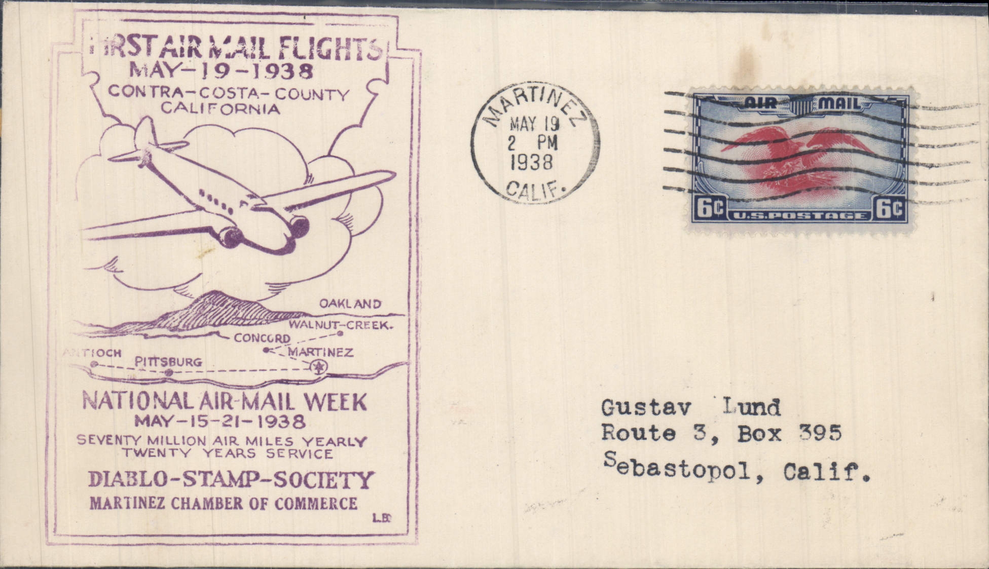 Lettre the United States 1st Flight 19 5 1938 Countered Costa California
