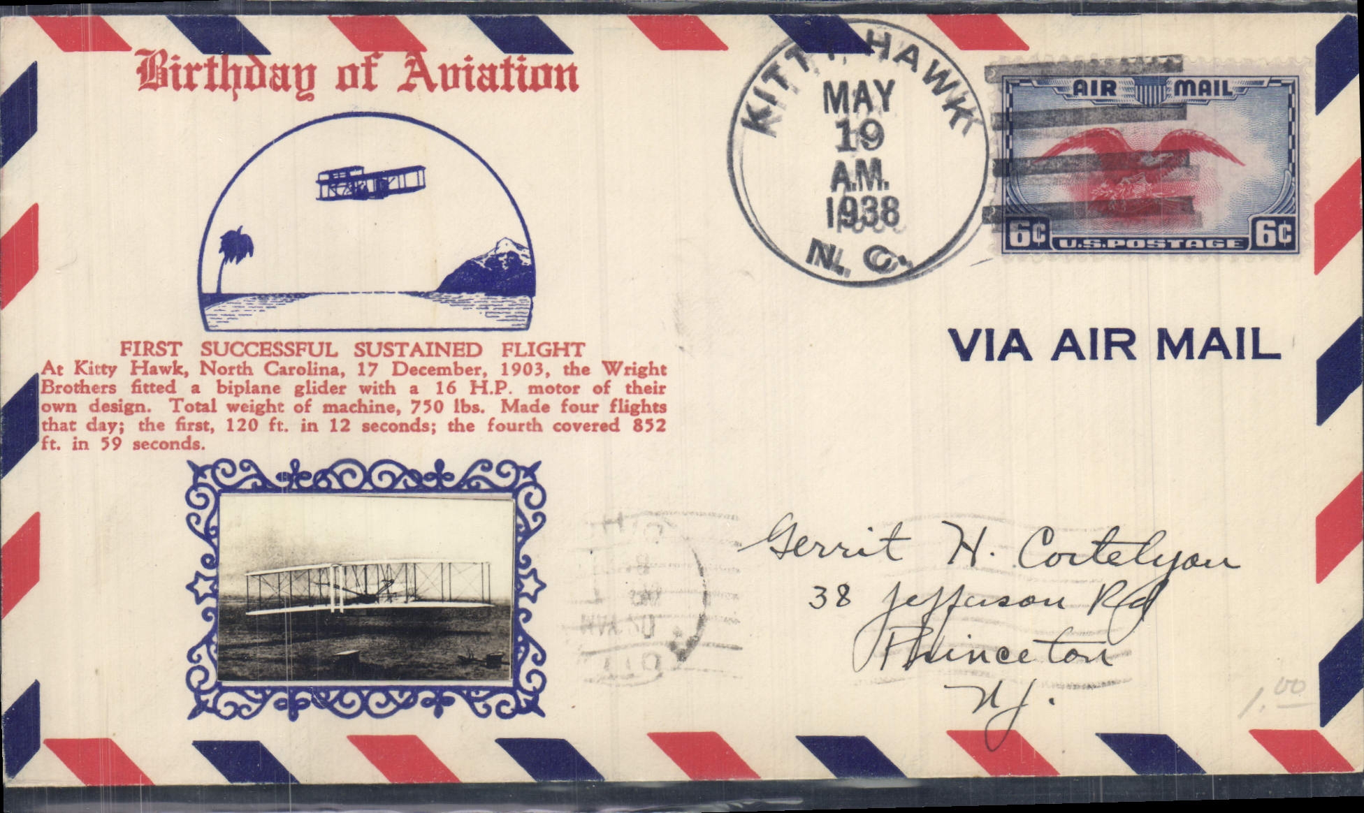 Lettre Etats Unis 1st Flight Kitty Hawk N Carolina 19 5 1938