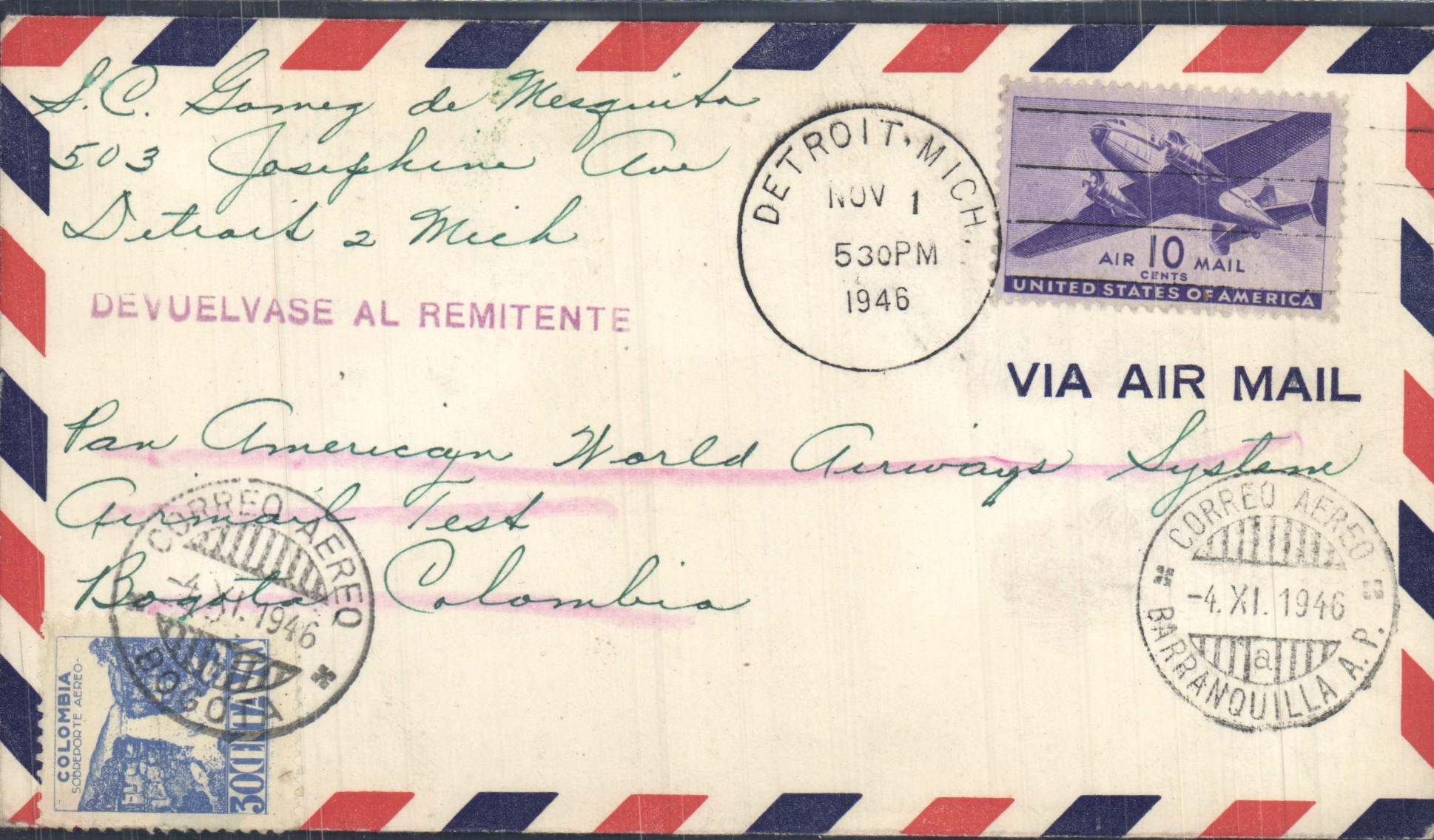 Lettre Etats Unis Detroit to Bogota Colombia 1 11 1946