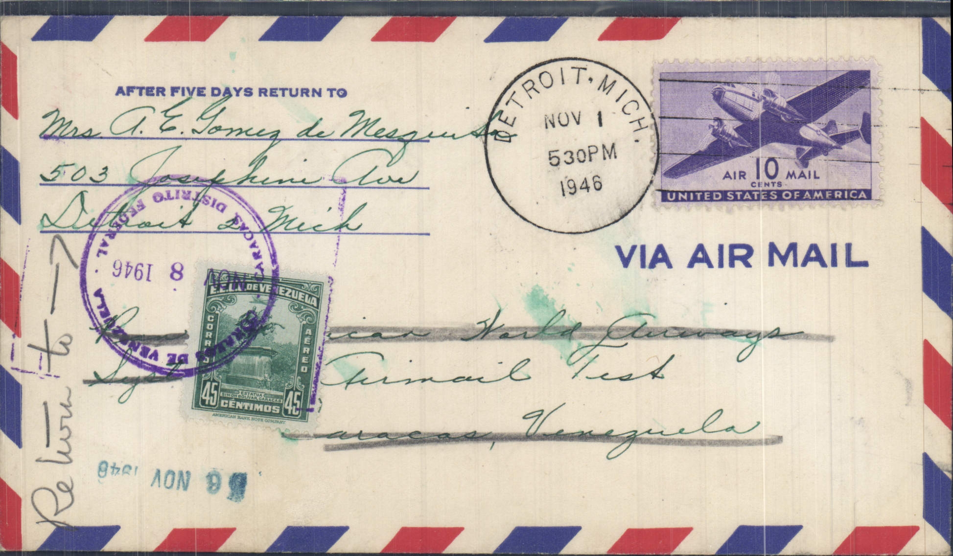 Lettre Etats Unis Detroit to Venezuela 1 11 1946