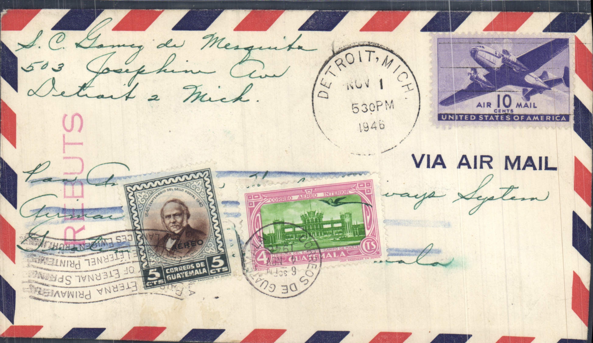 Lettre Etats Unis Detroit to Guatemala 1 11 1946