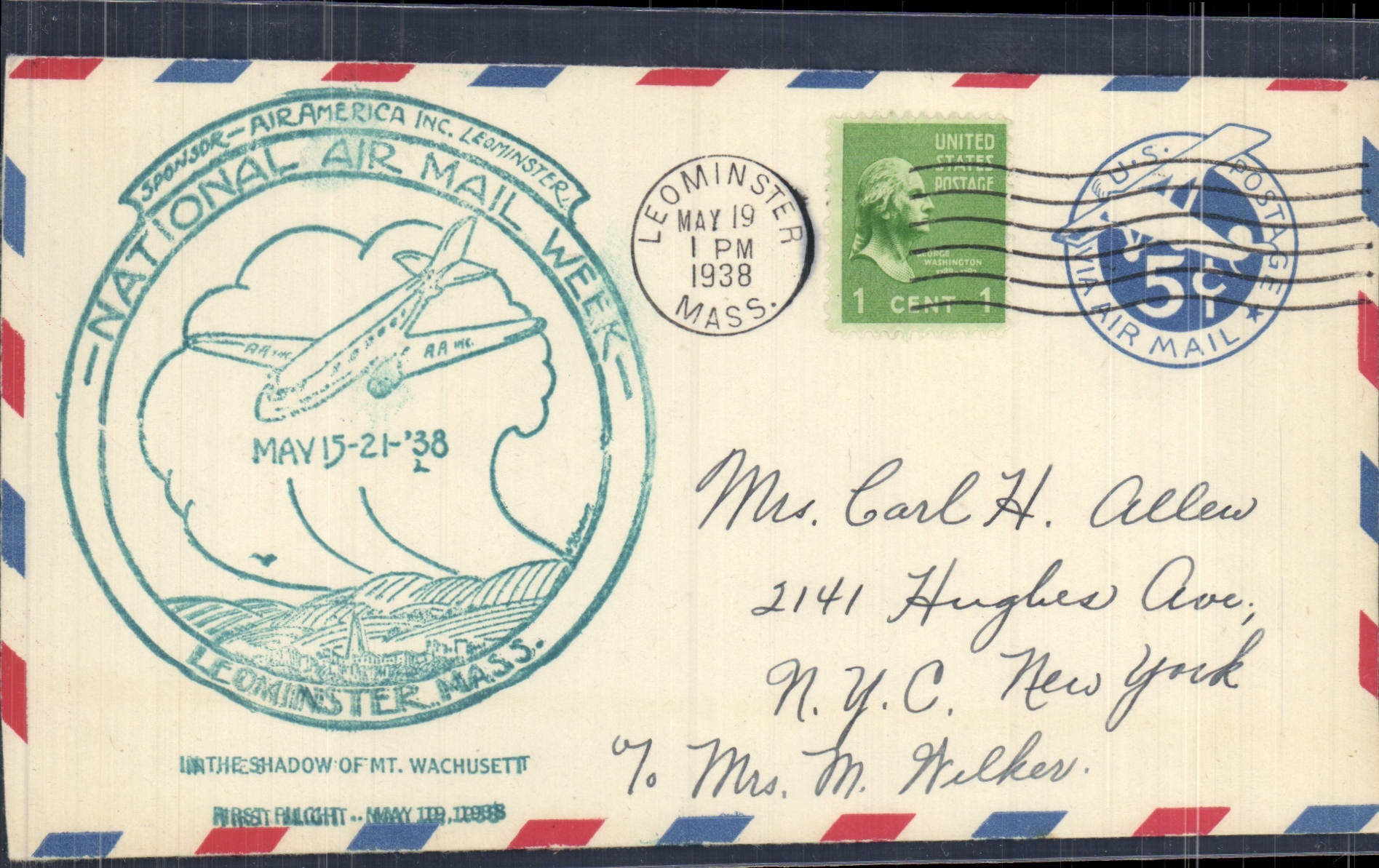Lettre Etats Unis National Air Ail Week Leominster Mass 19 5 1938