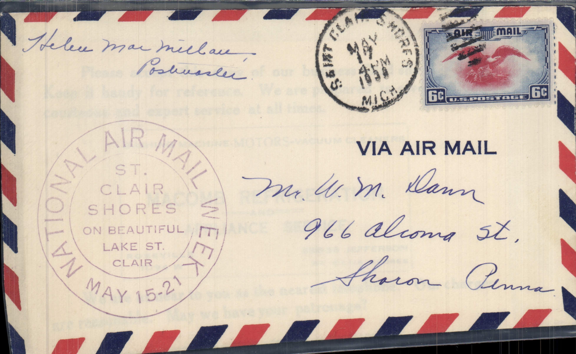 Lettre Etats Unis National Air Week St Claires Shores 17 5 1938