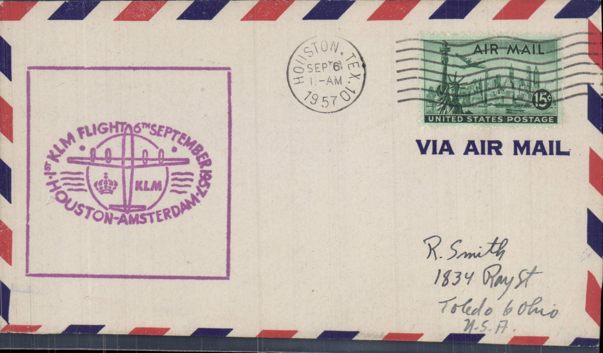 Lettre Etats Unis KLM Flight Houston Amsterdam 6 9 1957