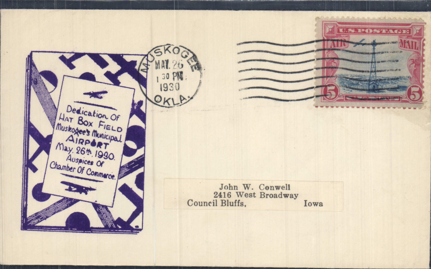 Lettre Etats Unis Muskogee Airport 26 5 1930 to Council Bluffs Iowa