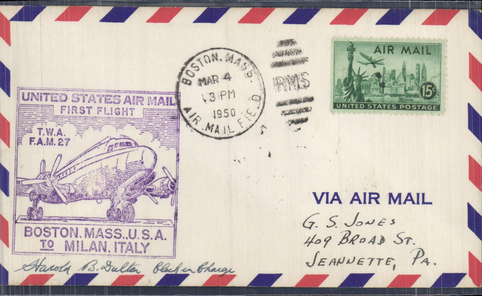 Lettre Etats Unis Boston Mass Mila 4 3 1950