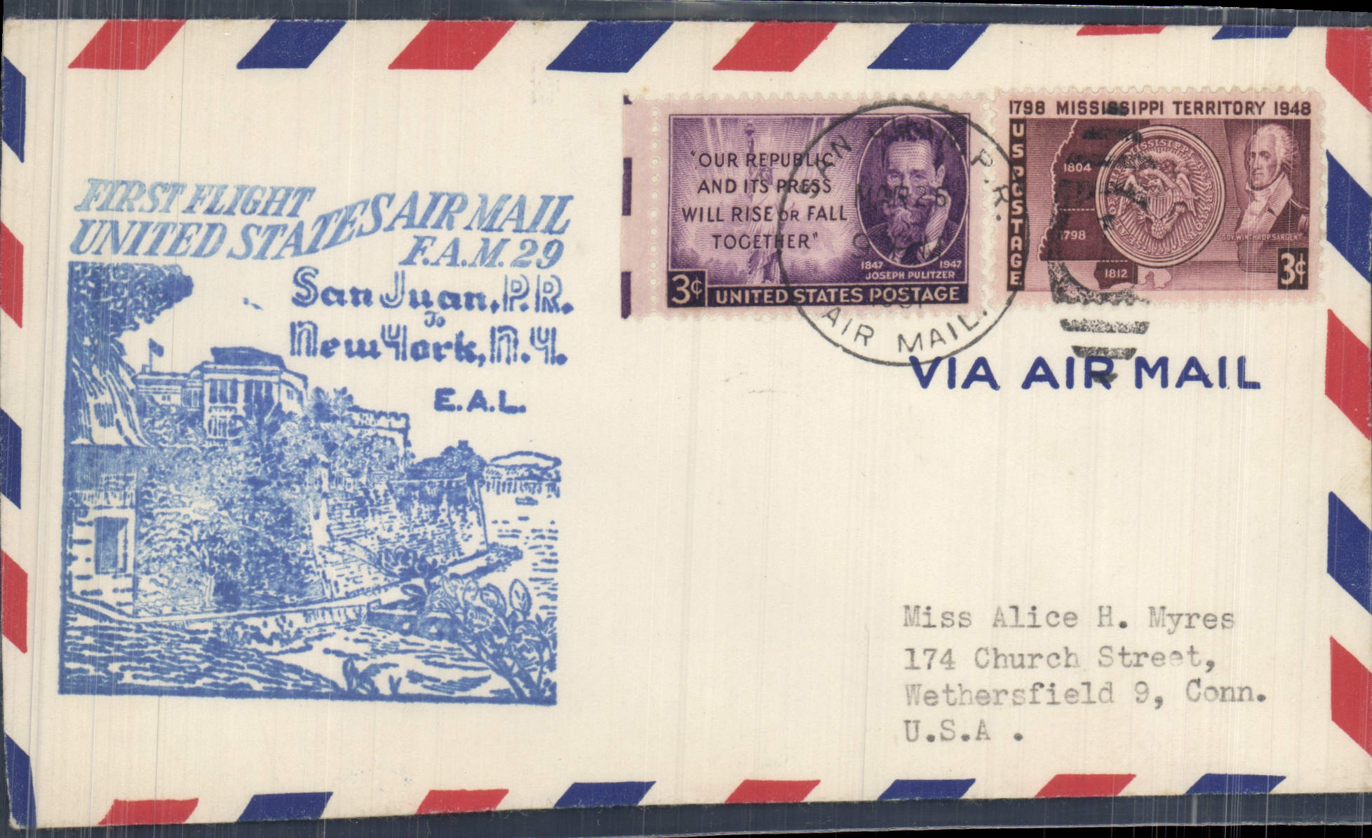 ettre Etats Unis San Juan New York 27 3 1951