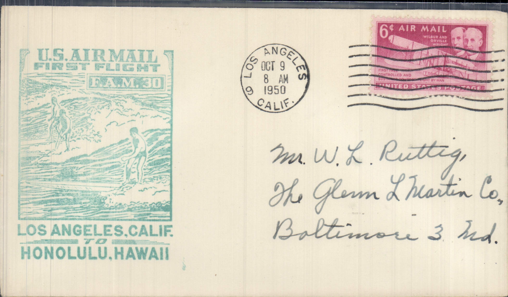 Lettre Etats Unis Los Angeles Honolulu Hawai FAM 30 9 10 1950