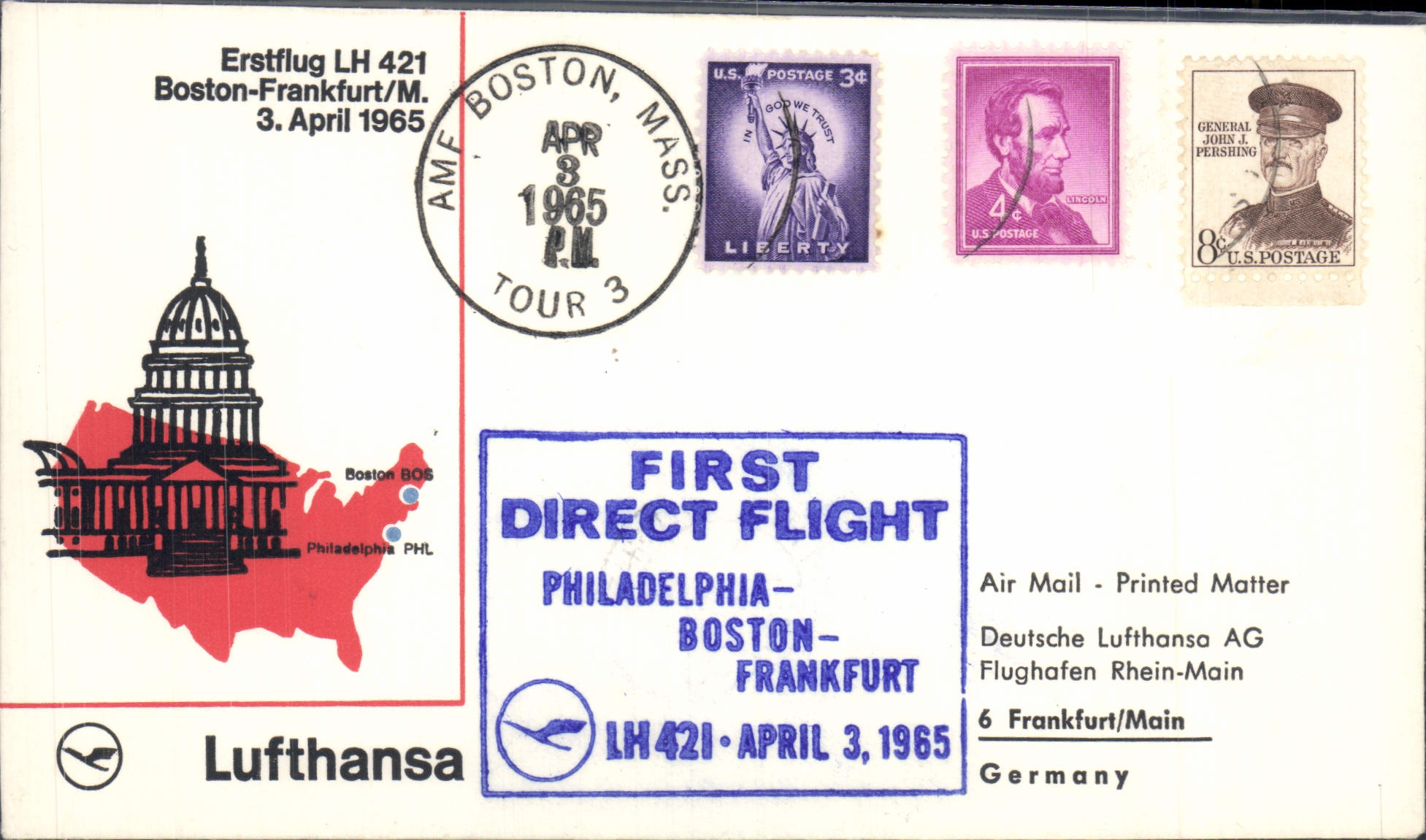 Lettre Etats Unis 1st Flight Philadelphia Boston Frankfurt 3 4 1965